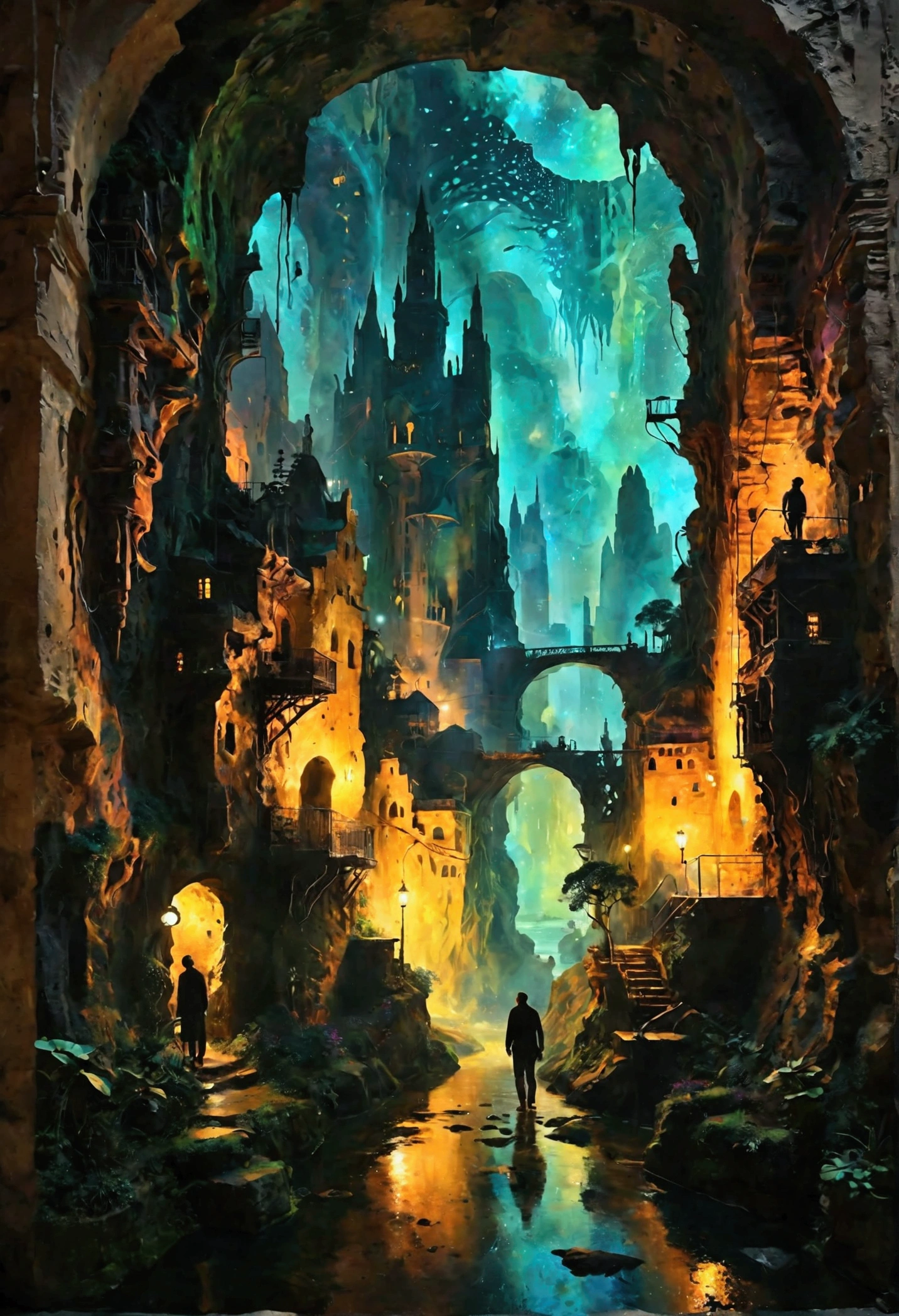 Imagine an expansive underground city sprawled out beneath the earth's surface, a vibrant labyrinth of glowing structures and illuminated pathways. The cityscape is layered with towering stalactites and stalagmites that form natural skyscrapers, casting intricate shadows on the cavernous walls. The architecture blends futuristic elements with ancient subterranean designs, with bioluminescent plants intertwining around metallic structures. The atmosphere is saturated with a spectrum of colors, from deep blues and purples to electric greens and golds, creating a mesmerizing display that dances across the stone cityscape. People move like shadows through this hidden metropolis, their silhouettes illuminated by the ambient glow. Each building tells a story, with symbols and scripts etched into the walls that hint at a rich, mysterious history. Capture the essence of this ethereal underground city with dynamic, bold strokes and a rich tapestry of vivid colors, creating a sense of depth and wonder that invites the viewer to explore the secrets of this hidden world.