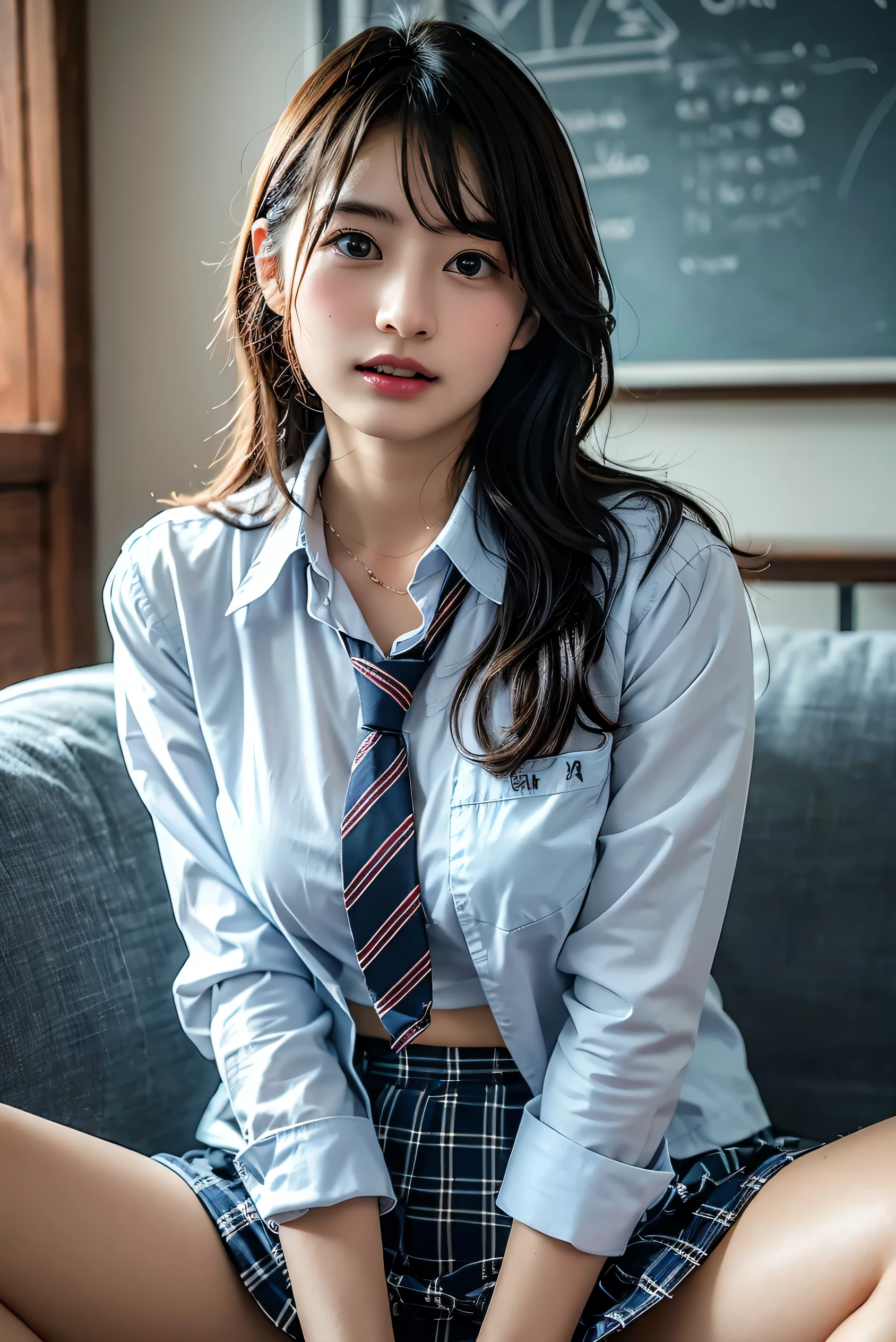 Top  Quality、Hight Resolution、extremely highly detailed、​masterpiece、Raw-Photo、realisitic、Photorealcitic、very delicate and beautiful.、delicate detail、textured skin、1girll、Solo、soio、18-year-old Japanese girl、Wearing a high school uniform、class room、(Body facing the camera:1.3)、(Sit on a school chair with your legs spread to the sides:1.2)、(Show me your white panties:1.2)、Dark blue jacket and plaid skirt、white shirts、Tie、Black Loafer&#39;s face is really pretty.:1.5)、Tall、Brown hair、(bare legs:1.1)、perfectly proportions、(Do not expose the upper body)、(In SFW)