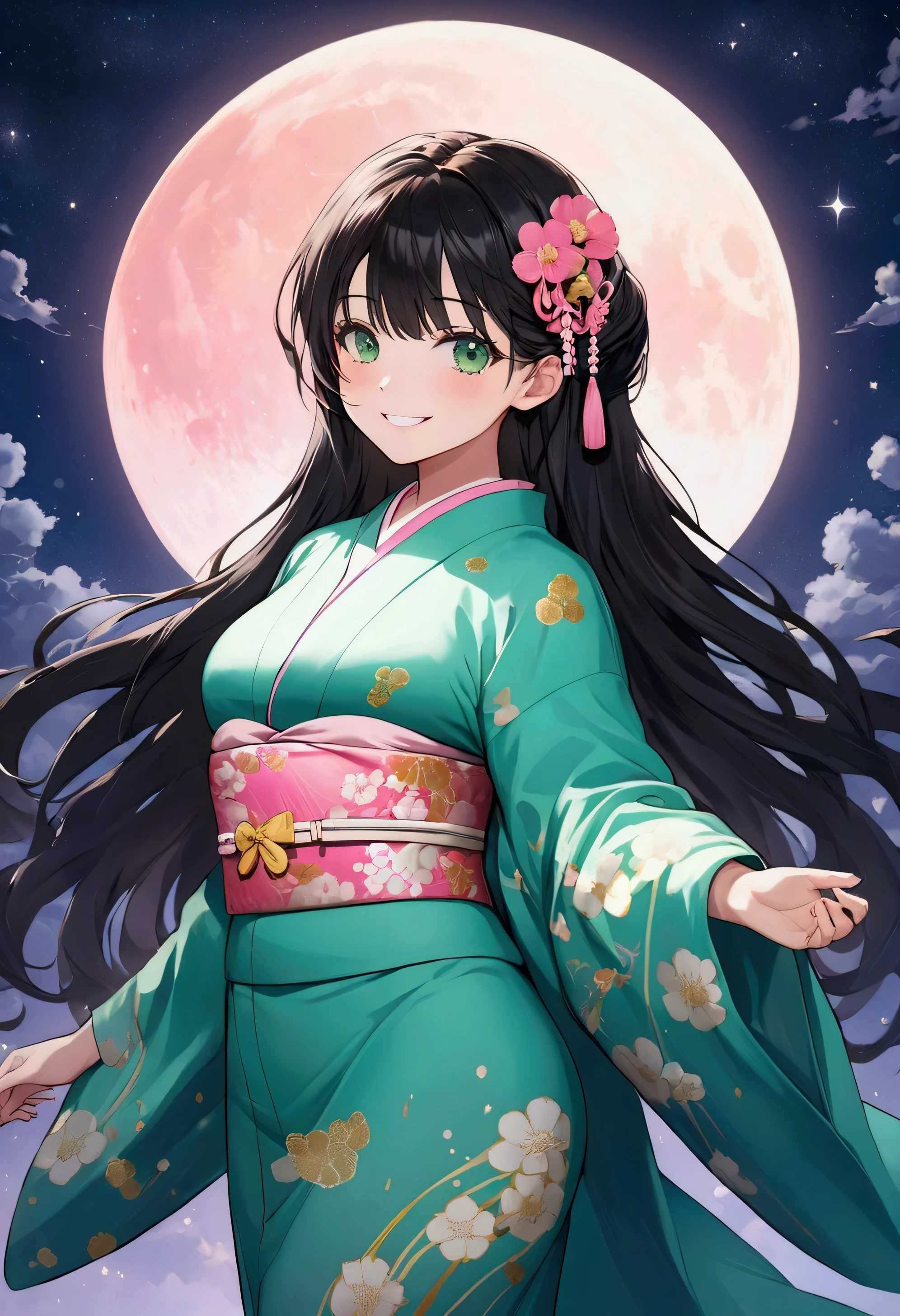 Best Quality,8k,Masterpiece:1.3, Japanese anime style,people々girl,1 person,1 personで,Petite,Glamorous Body,curve,cute,Grin,Beautiful long black hair, beautiful emerald green eyes , wear a kimono made of pink fabric,Dancing in the moonlight ,The background is a big full moon and stars 々,