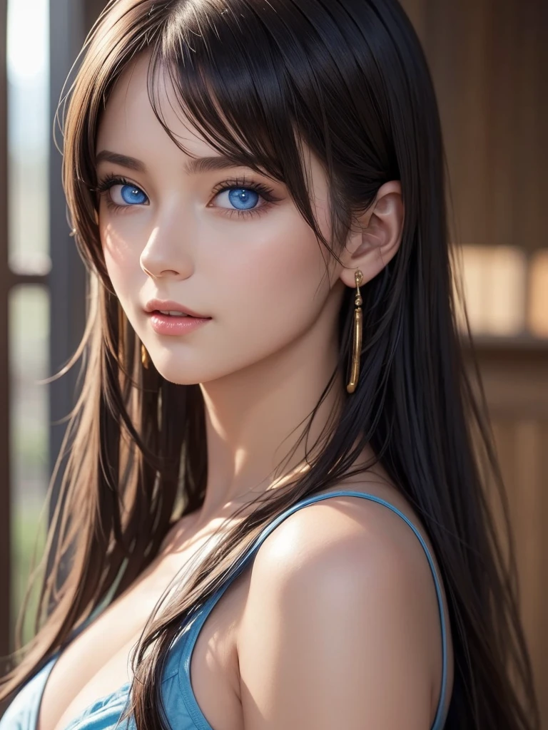 (8k、Original photo、Best Quality、masterpiece:1.2)、(Realistic、Realistic:1.37)、Super detailed、  Super A High Resolution 、1 girl、(Beautiful Detailed Face Gaze Poses 、Golden ratio face、Balanced Eyes、Double Eyelid、Lip gloss)、  beautiful and detailed skin 、 skin texture、 Professional Writing、( very pretty girl)、Happy smile、View Photographers、Shiny white skin、( Attractive Light Natural Platinum Brown Silky Hair 1.5)、Eyeliner、(((blue eyes)))、 office lady 