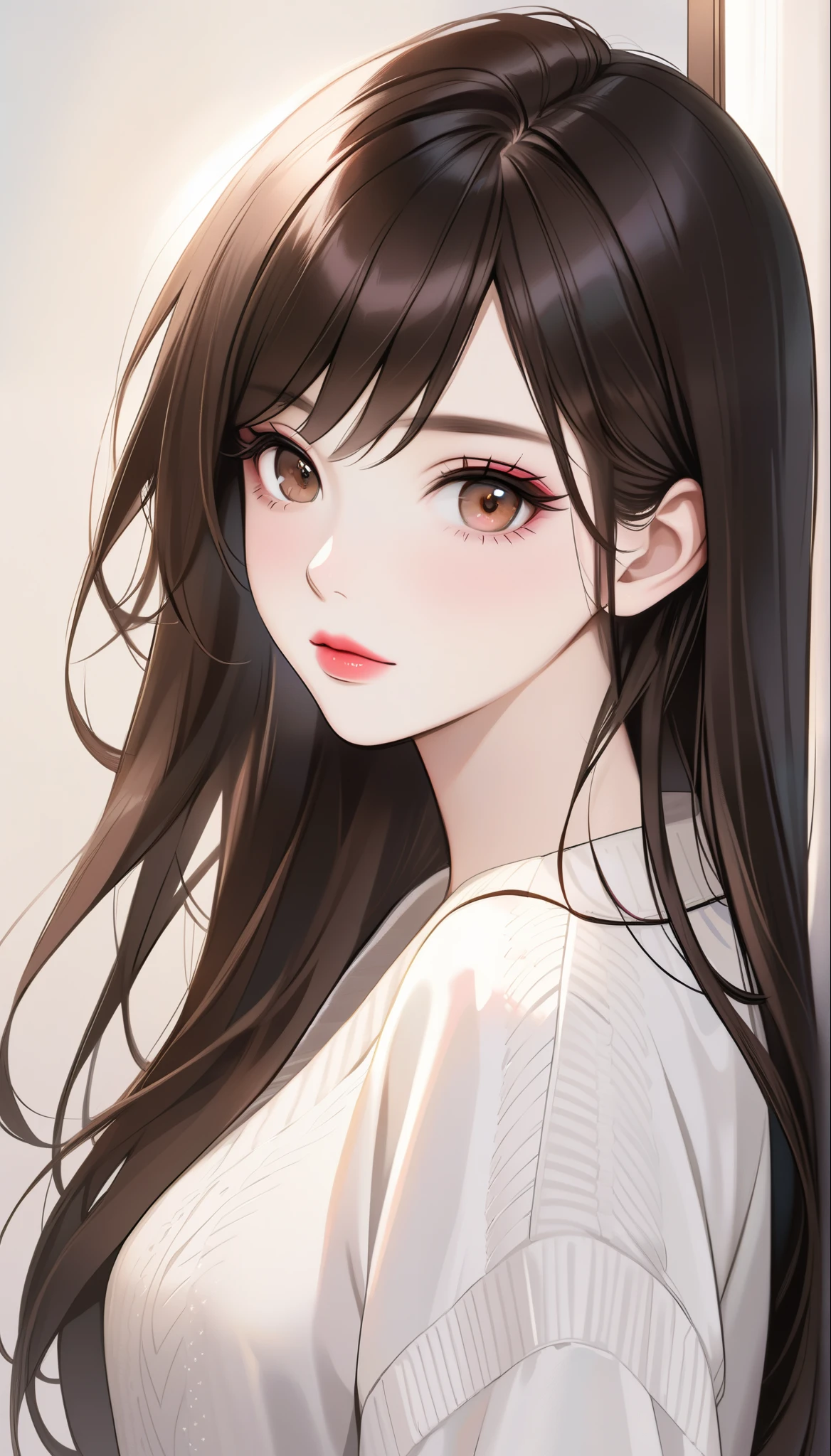 girl, long straight dark brown hair, brown eyes, sharp features, white skin, pink lips, perfect, sweater.