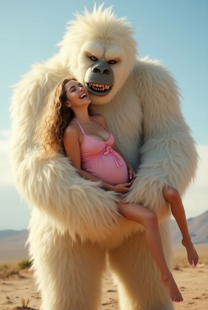 Giant wampa monster carries, horny aroused beautiful, topless, faint, sleepy, leopard thong, blonde, young  teen girl in his arms embrace, cradling her perfect body top quality