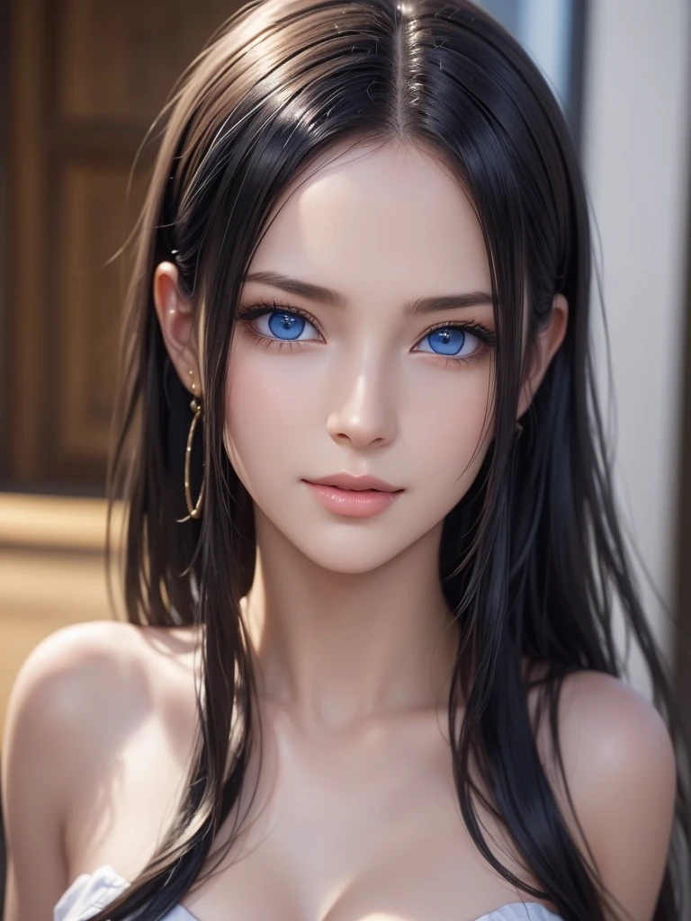 (8k、Original photo、Best Quality、masterpiece:1.2)、(Realistic、Realistic:1.37)、Super detailed、  Super A High Resolution 、1 girl、(Beautiful Detailed Face Gaze Poses 、Golden ratio face、Balanced Eyes、Double Eyelid、Lip gloss)、  Beautifully Detailed Skins 、 skin texture、 Professional Writing、( very pretty girl)、Happy smile、View Photographers、Shiny white skin、( Attractive Light Natural Platinum Brown Silky Hair 1.5)、Eyeliner、(((blue eyes)))、 office lady 