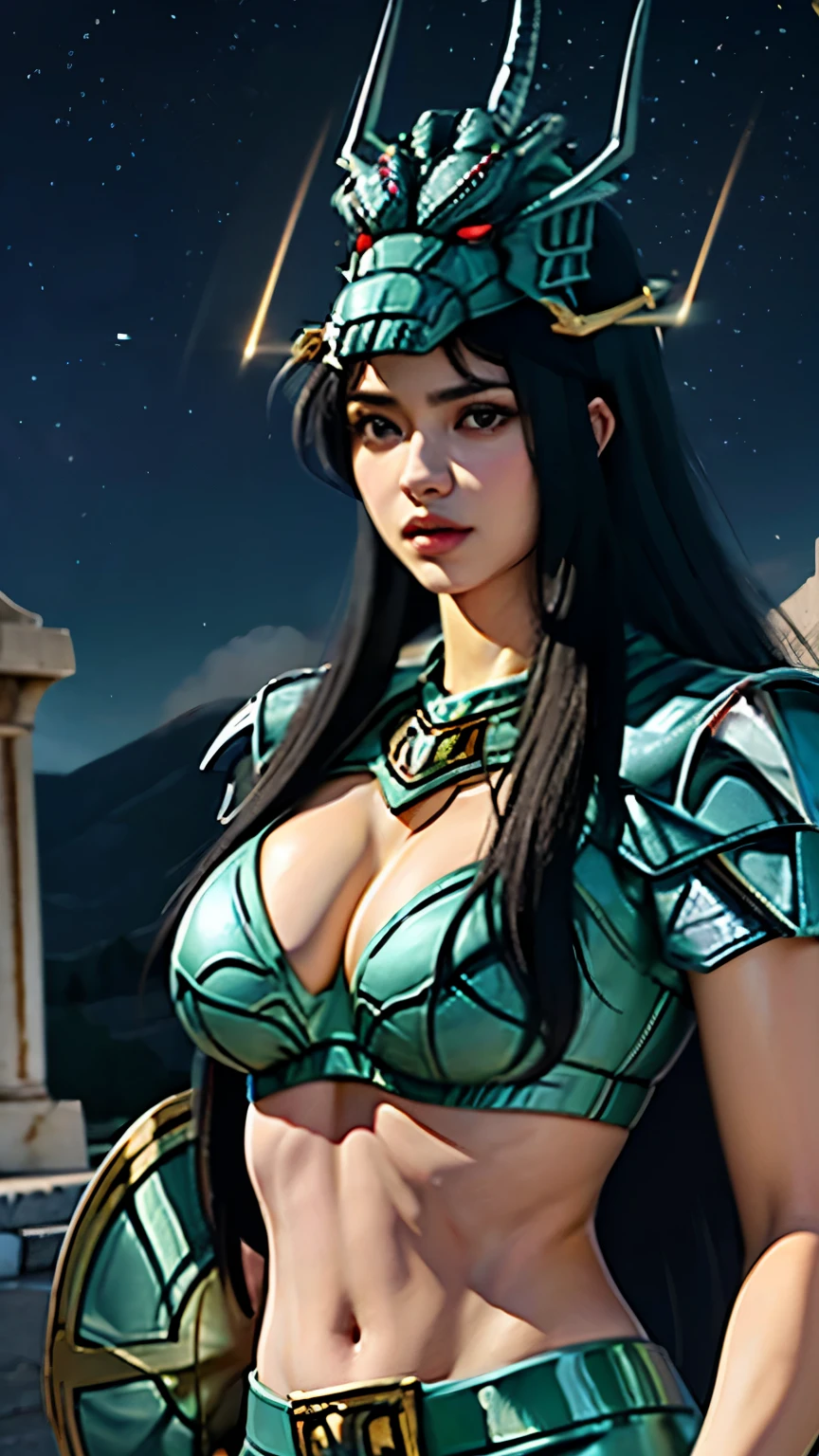 masterpiece, best quality, ultra high res, realistic skin texture, armature, (photorealistic:1.4), high resolution, raw photo, shiny skin, realistic skin texture, best lighting, sparkle, dramatic lighting, dynamic pose, (greek temple background:1.3), night sky, cosmos, milky way, 1girl, (medium breast:1.1), balanced eyes, Dragon Shiryu wearing green silver armor, purple pants, purple short sleeve shirt, wearing dragon helmet, roman skirt plate, (breast plate:1.5), very long hair, shield, cleavage,