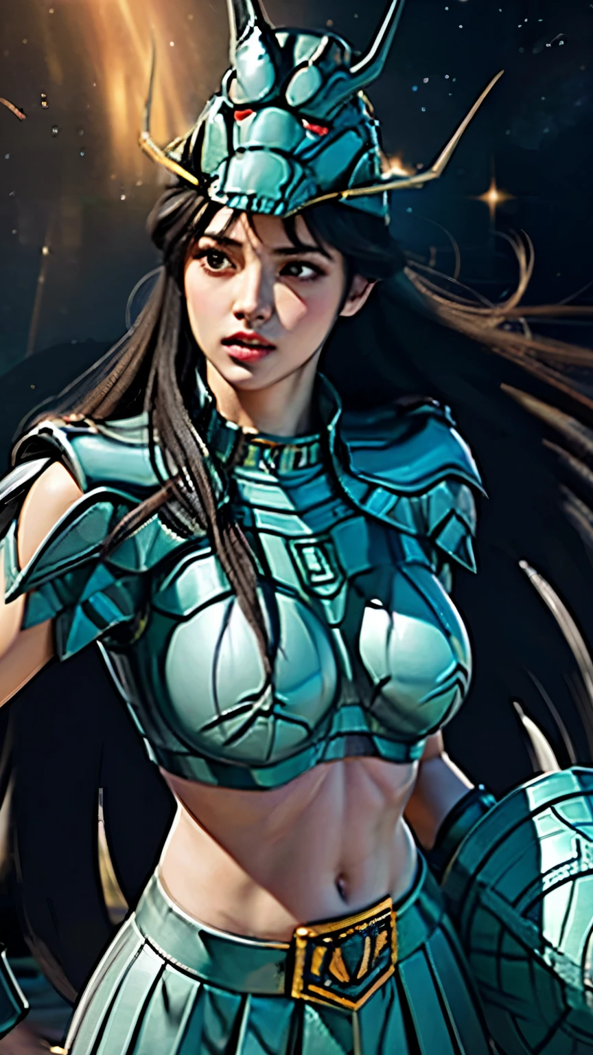 masterpiece, best quality, ultra high res, realistic skin texture, armature, (photorealistic:1.4), high resolution, raw photo, shiny skin, realistic skin texture, best lighting, sparkle, dramatic lighting, dynamic pose, (greek temple background:1.3), night sky, cosmos, milky way, 1girl, (medium breast:1.1), balanced eyes, Dragon Shiryu wearing green silver armor, purple pants, purple short sleeve shirt, wearing dragon helmet, roman skirt plate, (breast plate:1.5), very long hair, shield, cleavage,