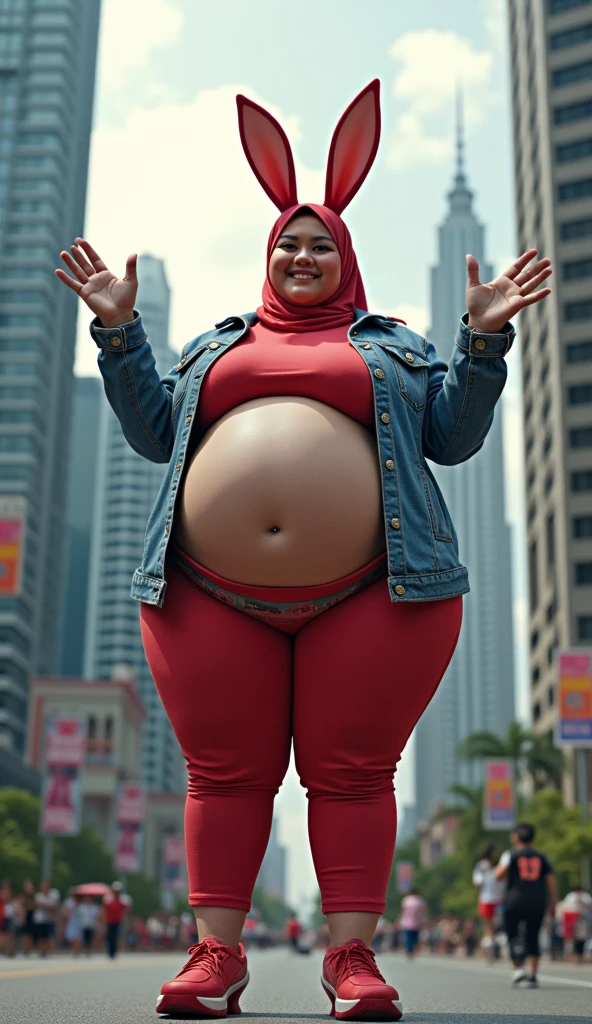 mira filzah sexy seducing pose, open mouth, nighttime city, (mira filzah:1.3), wearing hijab, pastel color hijab, detailed skin, detail skin texture, freckles skin, matured skin, big tits, big breast, flat chest, wide waist, thick thighs bright lighting, big round ass, matured face, slim abs, pregnant ,mole,tall,high heels