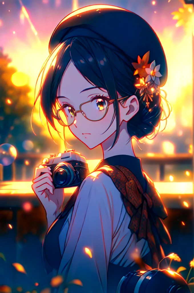 (High resolution, accurate, Best Quality, Anatomically correct, masterpiece), 1 beautiful woman, autumn dusk, black long hiar, beret, glasses, holding a film camera, autumn light, Backlight, lens flare, Bokeh