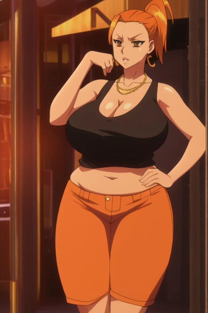 Rei miyamoto,tall body, tall, long legs, mature female, mature, adult, eft_hotd_orange, 1girl, solo, orange hair, brown eyes,Big breasts, enormous large breasts, big cleavage, ((loose black tank top with cleavage and open navel)),Thin Lowrise pink pants,Super ponybun,Thick lips,Make up,Eyeshadow,Colorless lips,Bar shape earring,Gold chain necklace,Brown Skin,1girl,Solo,Golden bracelet,curvy figure,Top knot bun,Plump,Long nail,Many gold rings