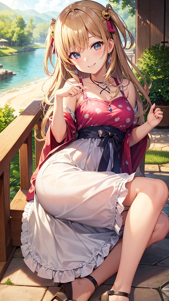 anime styled, Anime Artwork,The ultra -The high-definition,超A high resolution,Clear eyes, Pretty lips,beautiful a girl,long eyelashes, Twin tails springed with red ribbons,Blonde long hair, Embarrassed and spoiled expression, Sheer fabric,Sukesuke's emerald green swimsuit,see -through,The areol,お漏らし,The pee comes out、Open legs,Pee leaks from the open crotch and travels to the legs, fullnude,bare-legged,Draw the whole body from the top of the head to the toes。Lonely summer coast
