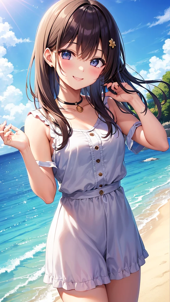 ,Girl,,Flat Chest,naked,Full nudity,Highest quality、High resolution、Detailed Background、Beautiful face in every detail、Teenage Beauute hair colour、Brown Hair、Twin tails、Embarrassing、boost mood、 Summer sun、Shining Sea,Hide your hands behind your back
