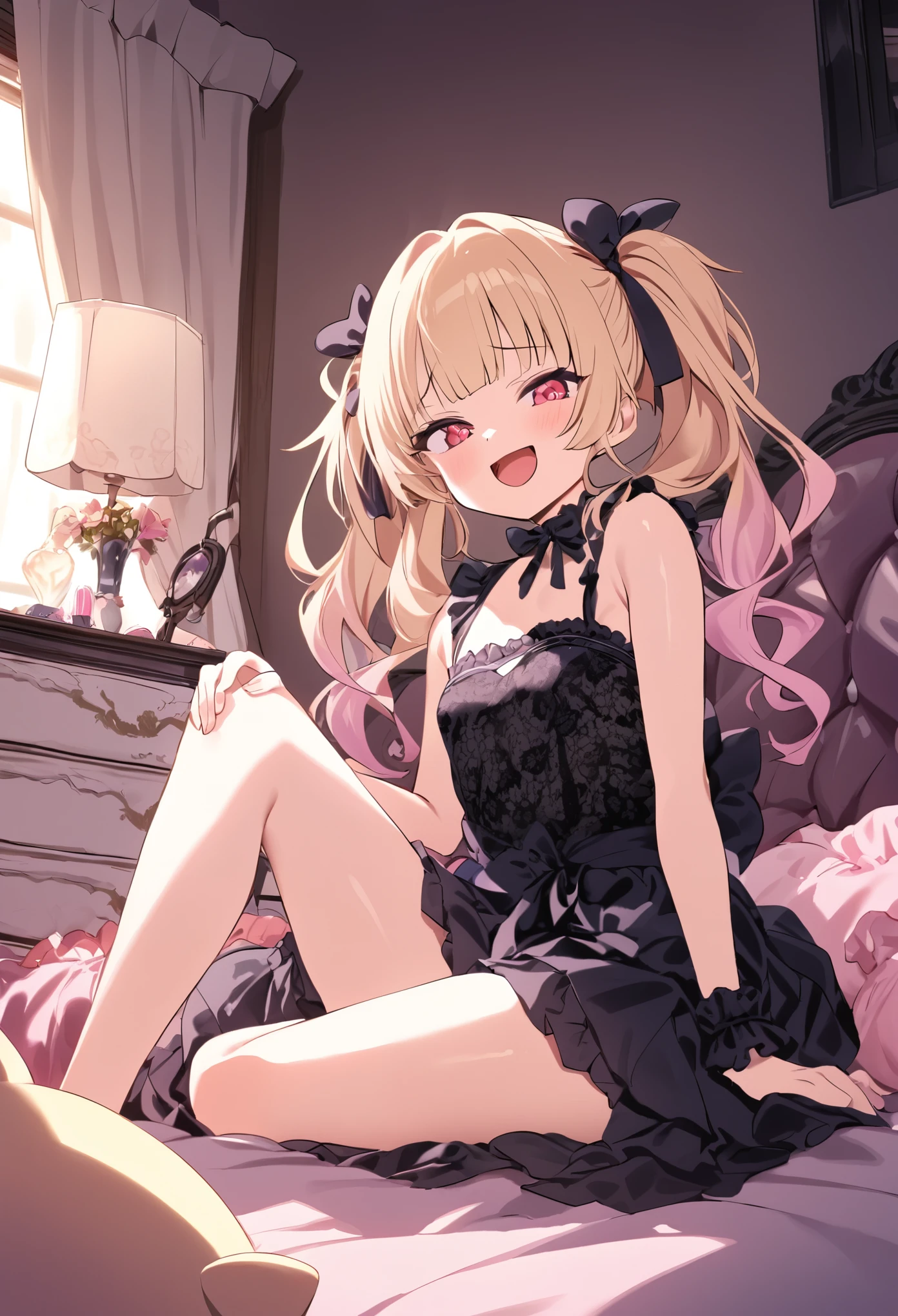 A young girl in **Jirai kei** fashion sits confidently on a soft, rumpled bed, mesugaki,her legs elegantly crossed. She wears a dark lace dress with pastel pink accents, and her twin-tailed blonde hair is tied with black ribbons. Her expression is one of smug superiority, as she stares down at the viewer with a mocking, teasing smile, her red eyes glowing with amusement. The scene is captured in a **full body, wide shot**, showing her full pose as she relaxes on the bed, one hand resting on her knee while the other plays with a strand of her hair. The room is softly lit, with light filtering through delicate curtains in the background, casting a pastel glow that enhances the **Jiraikei** aesthetic. **Jiraikei, full body, wide shot, crossed legs, soft pastel room**.