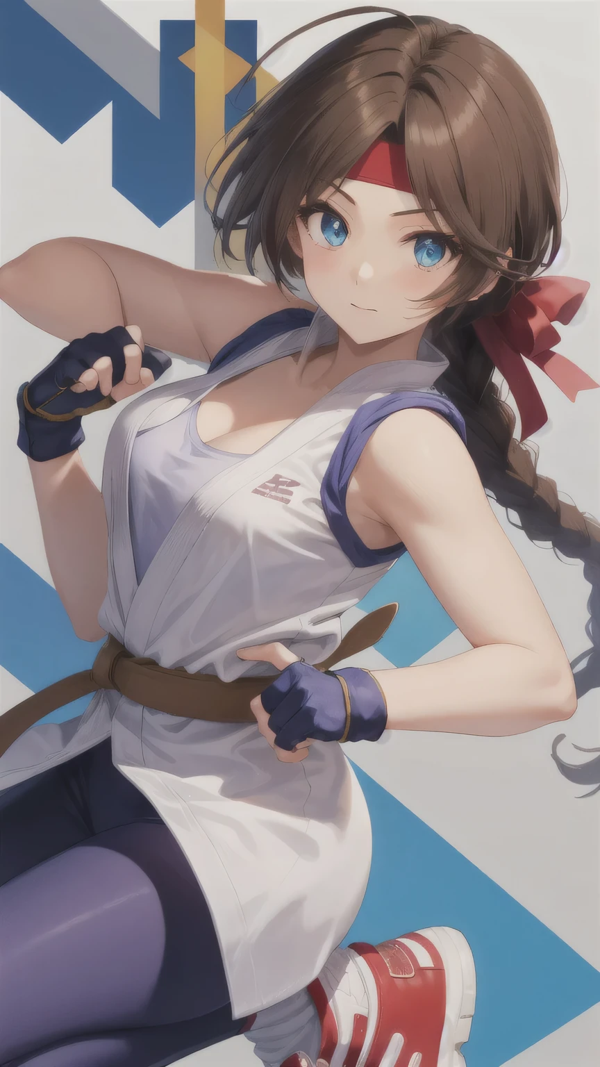 ((masterpiece:1.2, best quality)), yuri sakazaki, 1girl, braided ponytail, long hair, brown hair, brown eyes, red headband, (white dogi1.2), Blue top, bare arms, Yellow black fingerless gloves, blue panties, karate, medium breasts, cleavage, Blue tight socks, red converse, looking at viewer, sweating, tires, arm over head, sweat, hot, blush, awe, straight, sitting, spread legs, mature, dojo