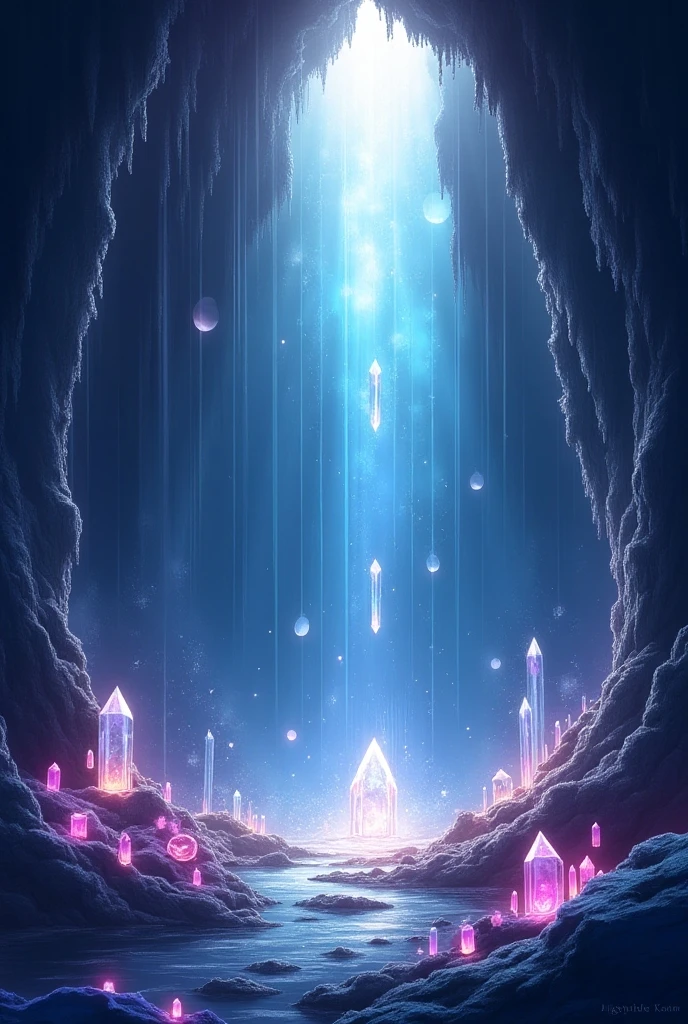 (Best Quality,Very detailed depiction, incredible high resolution,High quality anime drawings),Underworld,Deep inside the Crystal Caves , Caves Made of Crystals , Lots of Shining Crystals :1.3,Iridescent glow,Iridescent Crystals :1.3, Sunlight Shining Through the Ceiling ,Crystals buried all over the wall,A wall made of crystal:1.3,Glowing Walls ,Crystal of a crystal