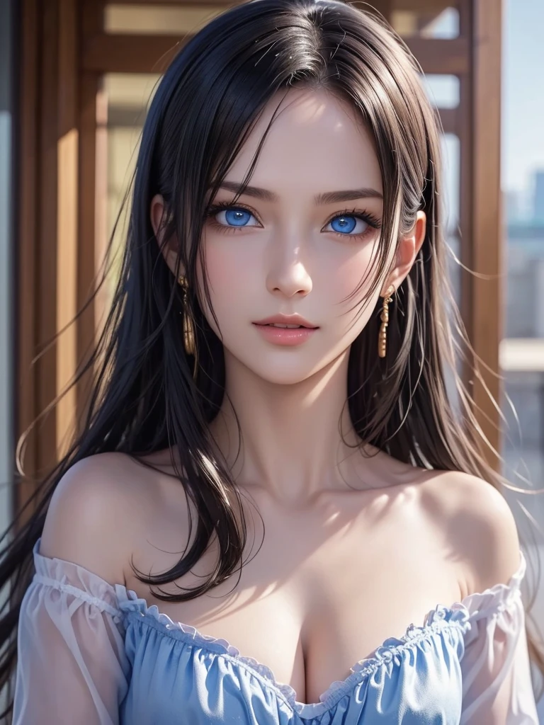 (8k、Original photo、Best Quality、masterpiece:1.2)、(Realistic、Realistic:1.37)、Super detailed、  Super A High Resolution 、1 girl、(Beautiful Detailed Face Gaze Poses 、Golden ratio face、Balanced Eyes、Double Eyelid、Lip gloss)、  Beautifully Detailed Skins 、 skin texture、 Professional Writing、( very pretty girl)、Happy smile、View Photographers、Shiny white skin、( Attractive Light Natural Platinum Brown Silky Hair 1.5)、Eyeliner、(((blue eyes)))、 office lady 