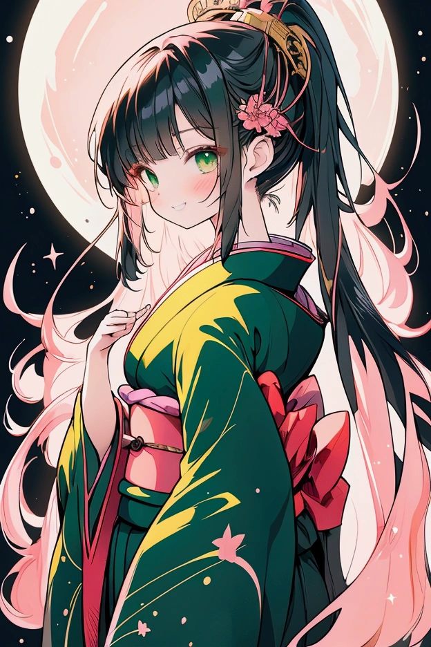 Best Quality,8k,Masterpiece:1.3, Japanese anime style,people々girl,1 person,1 personで,Petite,Glamorous Body,curve,cute,Grin,Beautiful long black hair, beautiful emerald green eyes , wear a kimono made of pink fabric,Dancing in the moonlight ,The background is a big full moon and stars 々,