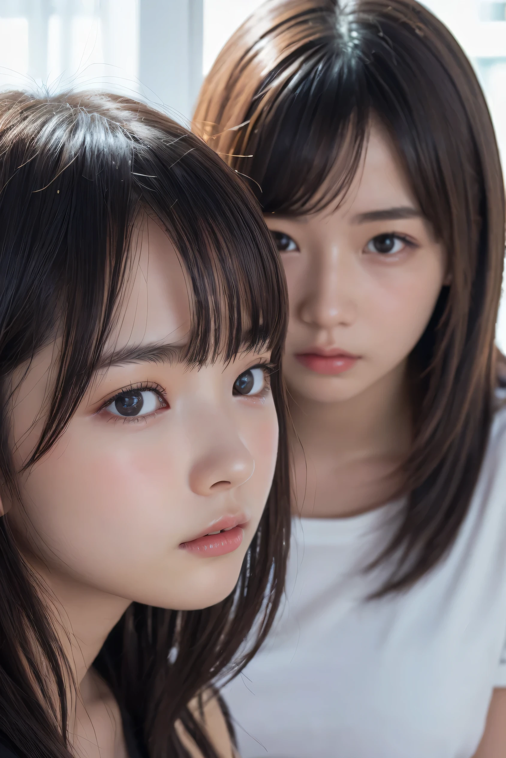 (Realistic, photo-Realistic, masterpiece, Highest quality),
RAW Photos, High resolution, Intricate details, Very detailed, Cinema Lighting, Portraiture, (Heterosexual, Couple, One person男の子 and One person:1.8), break, One person, Japanese women, (Small breasts, Flat Chest), skinny, thin, Black Hair, bangs, ponytail, hair ornaments, Hair Scrunchie, (Makes your face smaller:1.2), Detailed face, Beautiful attention to detail, Refined nose, Pale skin, Fine skin, Sweaty, Glowing Skin, Earrings, necklace, jewelry, break, (One person, Short 10 year old:1.2), break, (Couple hugging each other and kissing, French kiss, Deep Kiss:1.8), Photo Background, indoor, Home,