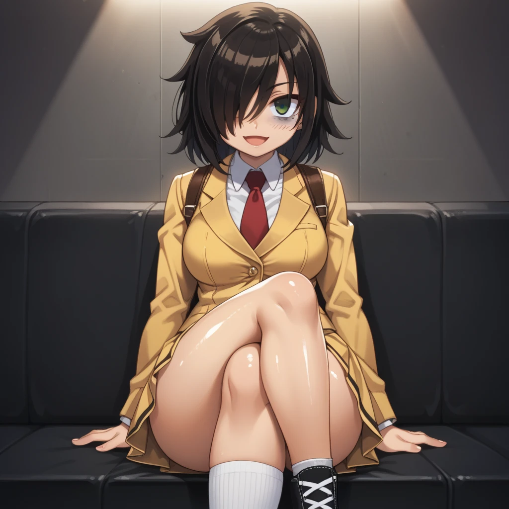 score_9, score_8_up, score_7_up,, solo, source_anime, tomokoxl, bags under eyes, hair over one eye black hair, medium hair, school uniform, red necktie, yellow skirt, short skirt, pleated skirt, yellow jacket, standing, cowboy shot, sitting, crossed legs, thick thighs, shiny skin, focus in crossed legs, underwear, white underwear, shiny underwear, lace underwear, white lace underwear, shiny lace underwear, panties, white panties, shiny panties, only crossed legs pose, sexy crossed legs, perfect crossed legs, sexy legs, big thighs, oiled thighs, oiled legs, smile, open mouth, glowing green eyes, evening time, dark room, breast, big breast, sheer socks, white sheer socks, converse, chuck taylor converse, black converse, backpack, leather backpack, brown backpack, focus in crossed legs, focus in legs, blushing,