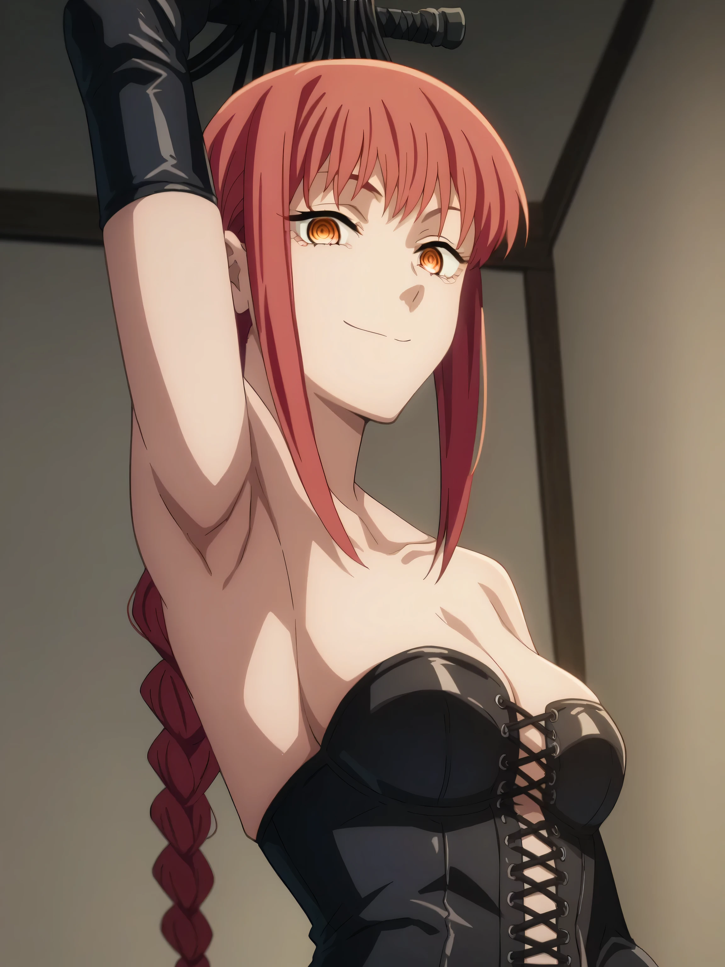 score_9, score_8_up, score_7_up, source_anime, anime screencap, 1girl, solo, indoors, mak1ma0, red hair, ringed eyes, long hair, braided ponytail, dominatrix, bondage outfit, whip, holding whip, elbow gloves, latex corset, strapless, cleavage, collarbone, looking at viewer, head towards viewer, arm up, raised arm, armpit, smile, closed mouth, from below, from side 