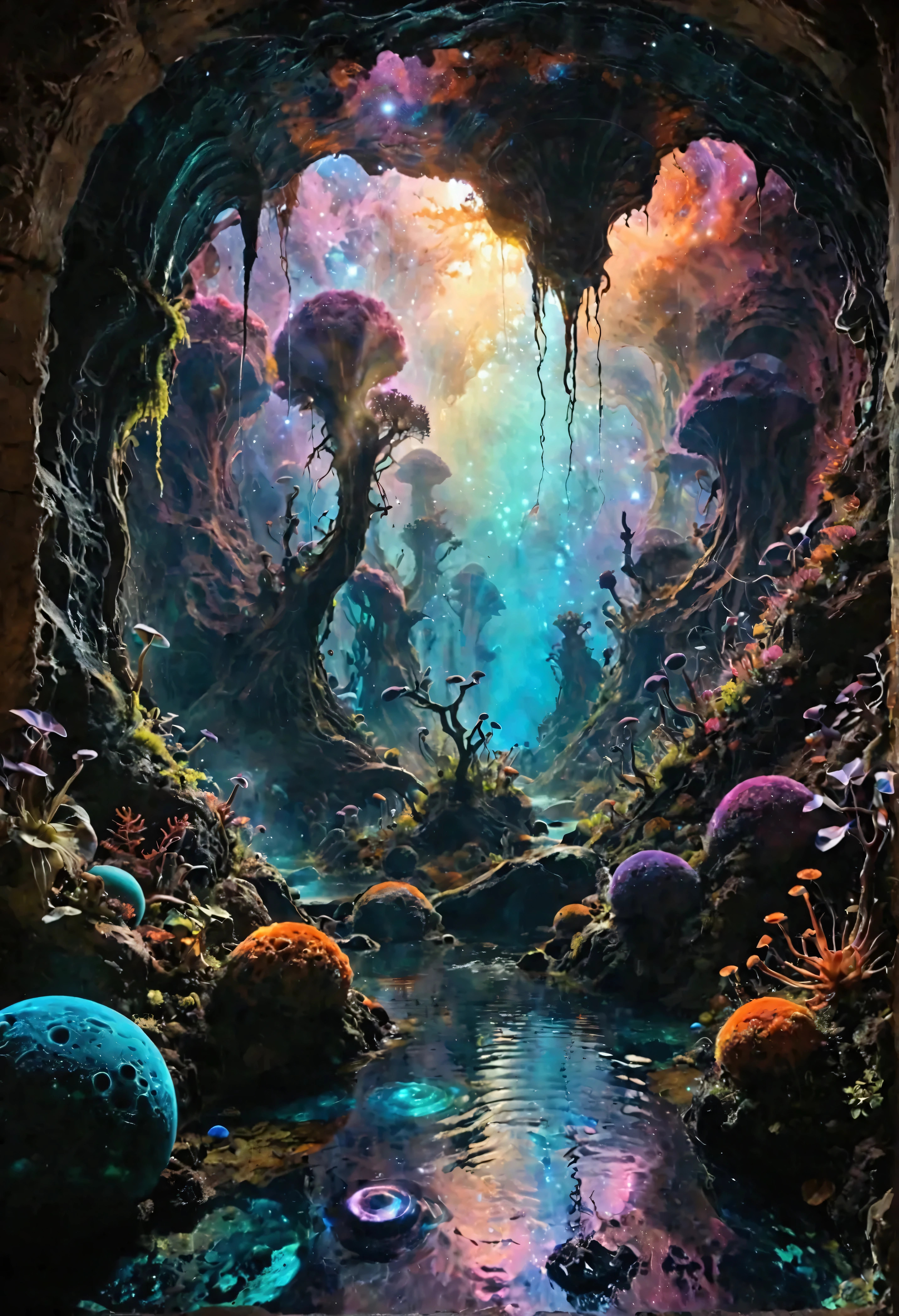 Imagine an alien underground ecosystem teeming with lifeforms that defy earthly biology. The cavernous environment is a kaleidoscope of colors and shapes, where exotic plants and creatures coexist in symbiotic harmony. Fungal towers, luminous in shades of violet and aqua, rise like organic skyscrapers, while vines weave a complex tapestry across the walls, pulsing with a luminescent glow. Transparent creatures float through the air and scuttle across the ground, their forms morphing in response to unseen stimuli. Pools of iridescent liquid scatter the terrain, bubbling with unknown energy. This world is both beautiful and eerie, a testament to the adaptability of life beyond human comprehension. Depict this alien biosphere with fluid, organic shapes and a vibrant color palette, capturing the otherworldly beauty and intricate complexity of this extraterrestrial underground habitat, hinting at the boundless possibilities of life beneath alien worlds.