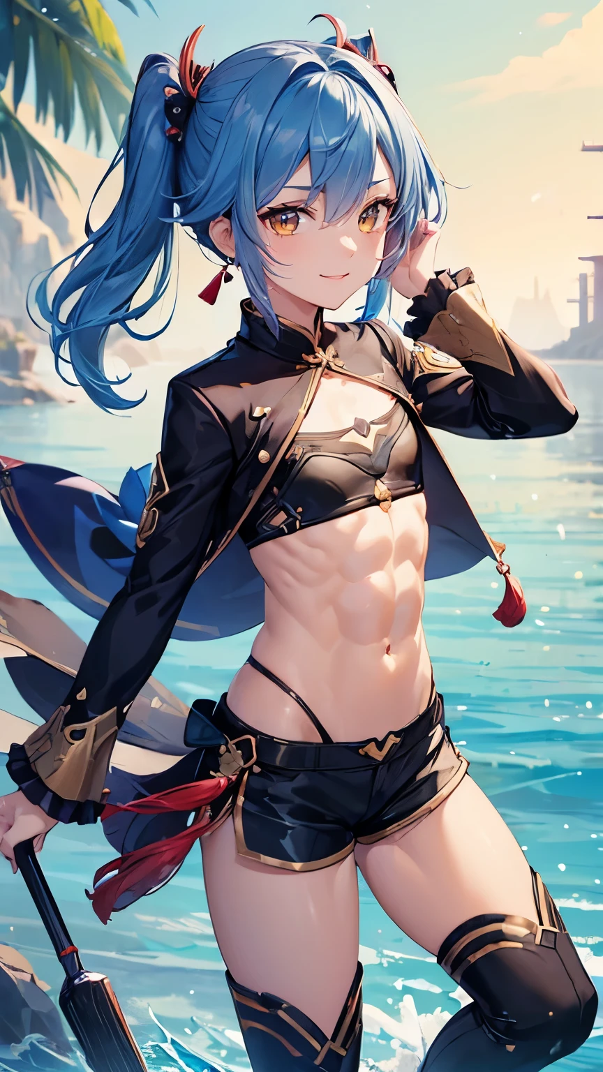 (((((flat chest))))),midriff,(((abs))),((((muscular girl)))),[1girl],black coat and blue hair xingqiu (genshin impact),((light smile)),solo, blue hair, male focus, short shorts, long sleeves, earrings, single earring frills, bangs, yellow brown eyes, boots, frilled sleeves, tassel,xingqiu (genshin impact), water,best quality,masterpiece,highres,high quality,8k,higher,extremely detailed CG unity 8k wallpaper,