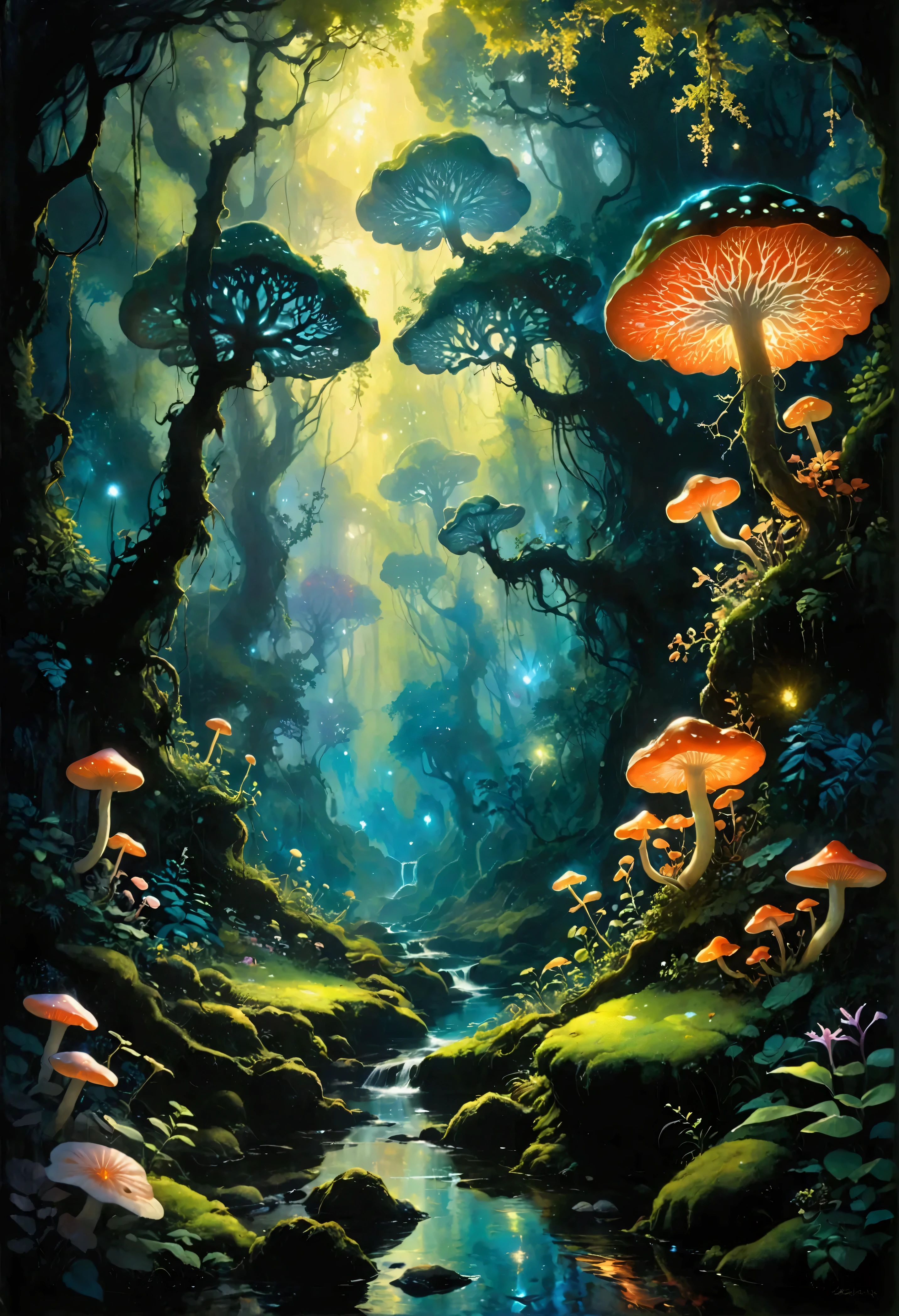 Picture an underground forest, a verdant expanse hidden from the world above, where bioluminescent flora creates a spectacle of light and shadow. Giant mushrooms soar upwards like ancient trees, their caps speckled with glowing spores that drift through the air like gentle fireflies. The ground is carpeted with luminous moss, soft underfoot and releasing a gentle, pulsating light with every step. Strange, otherworldly plants twist and curl, their leaves shimmering in kaleidoscopic colors. The air is humid and fragrant with the earthy scent of rich soil and the delicate perfume of exotic blooms. A stream of water cuts through the forest, glistening like liquid silver as it winds its way beneath natural stone bridges. In this enchanted forest, time feels fluid, and the boundary between reality and fantasy blurs in the dappled glow that surrounds you. This hidden paradise reminds you of the power and mystery of nature's hidden depths.