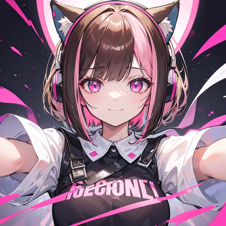 Light brown hair with neon pink tips and shades, royal blue eyes, small breasts, black school girl shirt with neon pink bow and white necklace with a Royal Blue orb, a black jacket with a white hood and pockets, black skirt almost reaching her knees with the ends of the skirt being white and having white lines going up, cat socks reaching over her knees with the eyes, inner part of the ears and mouth being neon red and rest black, lastly black boots with neon yellow lines and a small neon yellow star on each side of the boots, anime