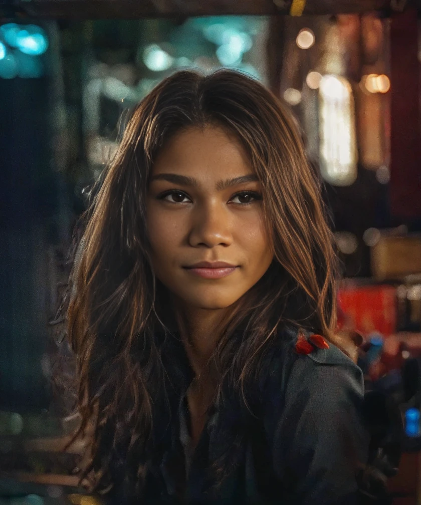 (zendaya:.4), (32k:1.5, Highest quality, masterpiece, Ultra-high resolution), Professional camera work:1.6, Highly detailed skin and face textures:1.3, Captivating portrait:1.2, Very accurate, Very detailed, 1 adult female, Incredibly slim body, sense of loss, Sadness, Expressions of sadness,  Small face, (()), (medium shot), (smile)