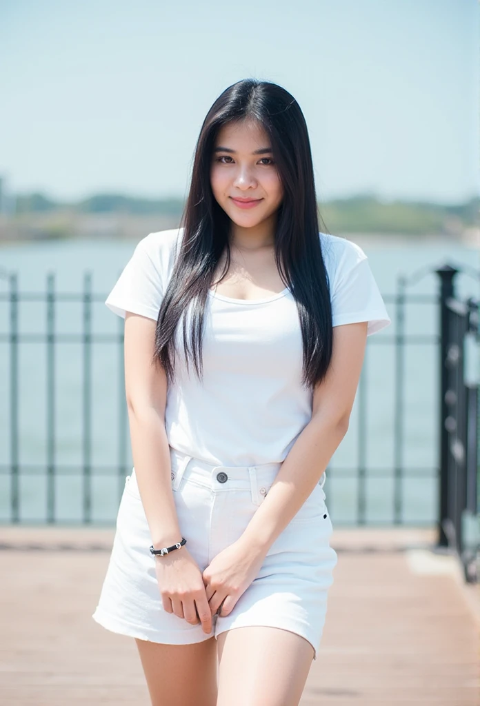 Soft, photography, portrait, film,PORTRAIT OF A 20-YEAR-OLD ASIAN WOMAN STANDING ON A LIGHT BROWN WOODEN BRIDGE WITH A BLACK IRON FENCE IN FRONT. A WOMAN WEARING A WHITE SHORT-SLEEVED T-SHIRT WITH A SQUARE NECK, WHITE SHORTS, WITH A BRIGHT SMILE, A WHITE FACE, LONG BLACK HAIR, SHINING SUNLIGHT TO CREATE A SHADOW, THE BACK IS A VIEW OF LIGHT BLUE WATER. Bright air, light sun 