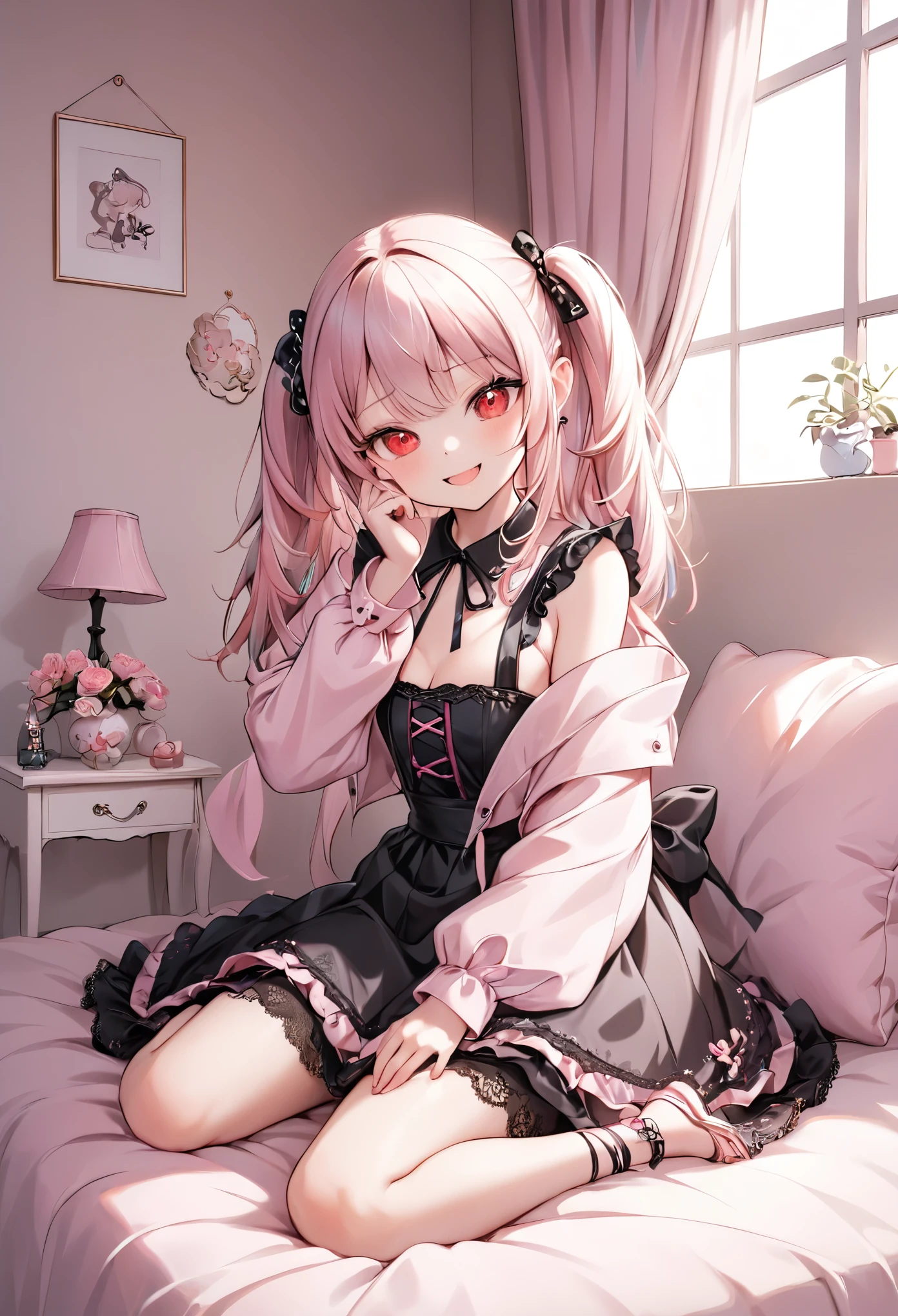 A young girl in **Jirai kei** fashion sits confidently on a soft, rumpled bed, mesugaki,her legs elegantly crossed. She wears a dark lace dress with pastel pink accents, and her twin-tailed blonde hair is tied with black ribbons. Her expression is one of smug superiority, as she stares down at the viewer with a mocking, teasing smile, her red eyes glowing with amusement. The scene is captured in a **full body, wide shot**, showing her full pose as she relaxes on the bed, one hand resting on her knee while the other plays with a strand of her hair. The room is softly lit, with light filtering through delicate curtains in the background, casting a pastel glow that enhances the **Jiraikei** aesthetic. **Jiraikei, full body, wide shot, crossed legs, soft pastel room**.