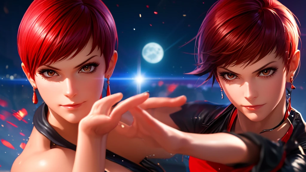 Woman in her 30s, alone, alone, athletic, very short red hair, ultra detailed, looking furiously at viewer with very upset eyes, angry gesture, digital art, moonlight, young woman, beautiful and perfect hands. with perfect fingers, perfect legs, beautiful body, beautiful nose, beautiful character design, perfect face, looks at the viewer (focusing on the entire character), closed mouth, Light_Smile, official art, 8k CG wallpaper extremely detailed unit, lighting perfect, bright and colorful front lighting, glowing skin (masterpiece: 1.0), (best quality: 1.0), ultra high resolution, 4K, ultra detailed photography, 8K, HDR, high resolution, nonsense: 1.2, Kodak portra 400, film grain, blurred background, bokeh: 1.2, lens flare, (vibrant_color: 1.2), professional photography, (beautiful_face: 1.5), (narrow waist)
