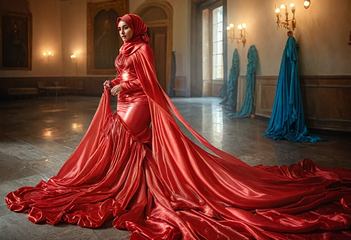 woman shrouded in a 10-meter-long, plush semi transparent red satin shimmer cloth, tightly bound and grandly draping along the form of her body, flowing off into a pooled floor-length train, styled in a mermaid-inspired outfit, her head modestly veiled in a satin hijab,walk in, a full-body pose conveying a sense of mysterious elegance, captured in a 4k resolution, ultra-realistic, (best quality,4k,8k,highres,masterpiece:1.2),ultra-detailed,(realistic,photorealistic,photo-realistic:1.37),HDR,UHD,studio lighting,ultra-fine painting,sharp focus,physically-based rendering,extreme detail description,professional,vivid colors,bokeh,portraits,fantasy,cinematic lighting
