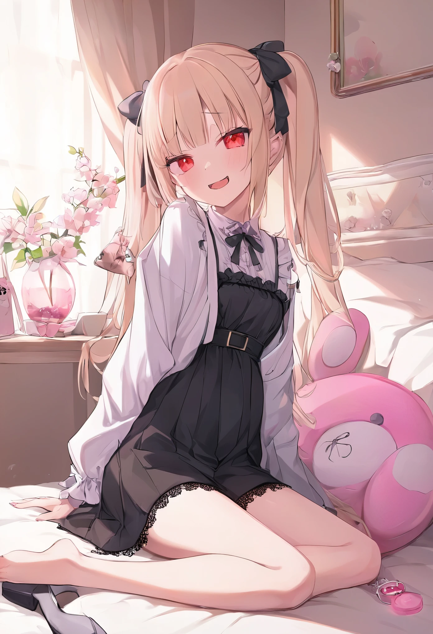 A young girl in **Jirai kei** fashion sits confidently on a soft, rumpled bed, mesugaki,her legs elegantly crossed. She wears a dark lace dress with pastel pink accents, and her twin-tailed blonde hair is tied with black ribbons. Her expression is one of smug superiority, as she stares down at the viewer with a mocking, teasing smile, her red eyes glowing with amusement. The scene is captured in a **full body, wide shot**, showing her full pose as she relaxes on the bed, one hand resting on her knee while the other plays with a strand of her hair. The room is softly lit, with light filtering through delicate curtains in the background, casting a pastel glow that enhances the **Jiraikei** aesthetic. **Jiraikei, full body, wide shot, crossed legs, soft pastel room**.