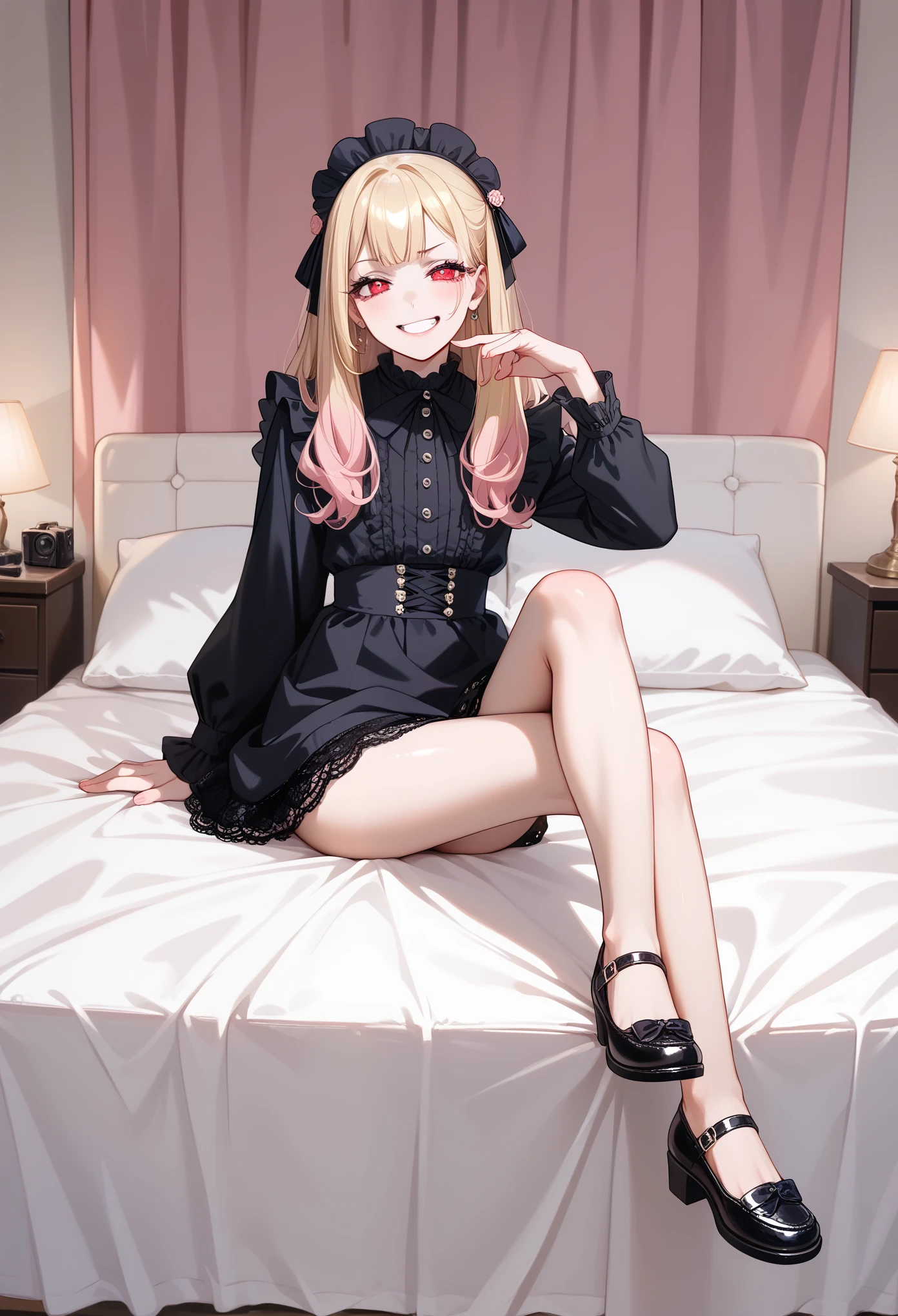 A young girl in **Jirai kei** fashion sits confidently on a soft, rumpled bed, mesugaki,her legs elegantly crossed. She wears a dark lace dress with pastel pink accents, and her twin-tailed blonde hair is tied with black ribbons. Her expression is one of smug superiority, as she stares down at the viewer with a mocking, teasing smile, her red eyes glowing with amusement. The scene is captured in a **full body, wide shot**, showing her full pose as she relaxes on the bed, one hand resting on her knee while the other plays with a strand of her hair. The room is softly lit, with light filtering through delicate curtains in the background, casting a pastel glow that enhances the **Jiraikei** aesthetic. **Jiraikei, full body, wide shot, crossed legs, soft pastel room**.