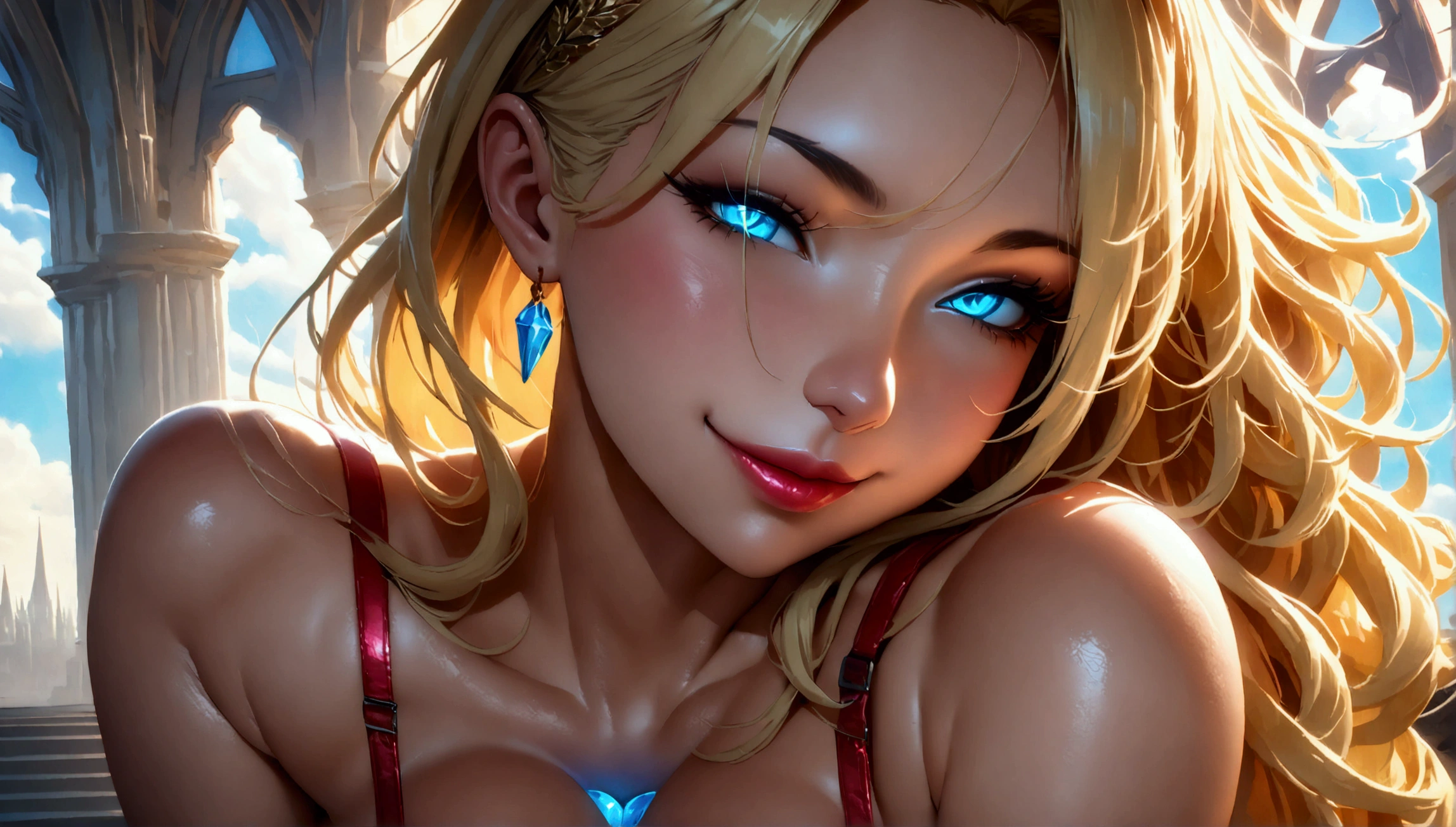 Arafed Mujer totalmente , Chica sexy con ojos azules, ultra realista, meticulosamente detallado, Retrato androide 18, cabello rubio y ojos grandes, selfie de una mujer joven, Ojos del dormitorio, dragon ball anime character, sin maquillaje, Maquillaje natural, staring directly into camera, cara con artgram, maquillaje sutil, Impresionante foto de cuerpo completo arrodillado en la cama, En el dormitorio, Large bust, anime realistic, androide 18