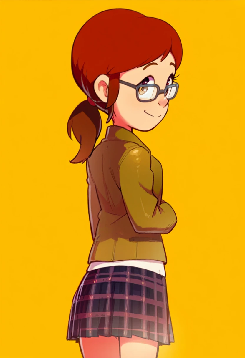 1girl, Margo, brown hair, ponytail, jacket, glasses, plaid skirt, looking at viewer, looking back rche, close up, showing her butt, from behind, cute butt, red and yellow Background 