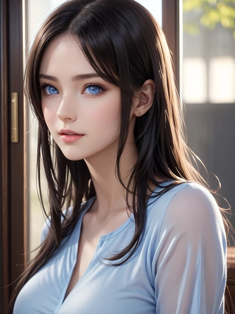 (8k、Original photo、Best Quality、masterpiece:1.2)、(Realistic、Realistic:1.37)、Super detailed、  Super A High Resolution 、1 girl、(Beautiful Detailed Face Gaze Poses 、Golden ratio face、Balanced Eyes、Double Eyelid、Lip gloss)、  beautiful and detailed skin 、 skin texture、 Professional Writing、( very pretty girl)、Happy smile、View Photographers、Shiny white skin、( Attractive Light Natural Platinum Brown Silky Hair 1.5)、Eyeliner、(((blue eyes)))、 office lady 