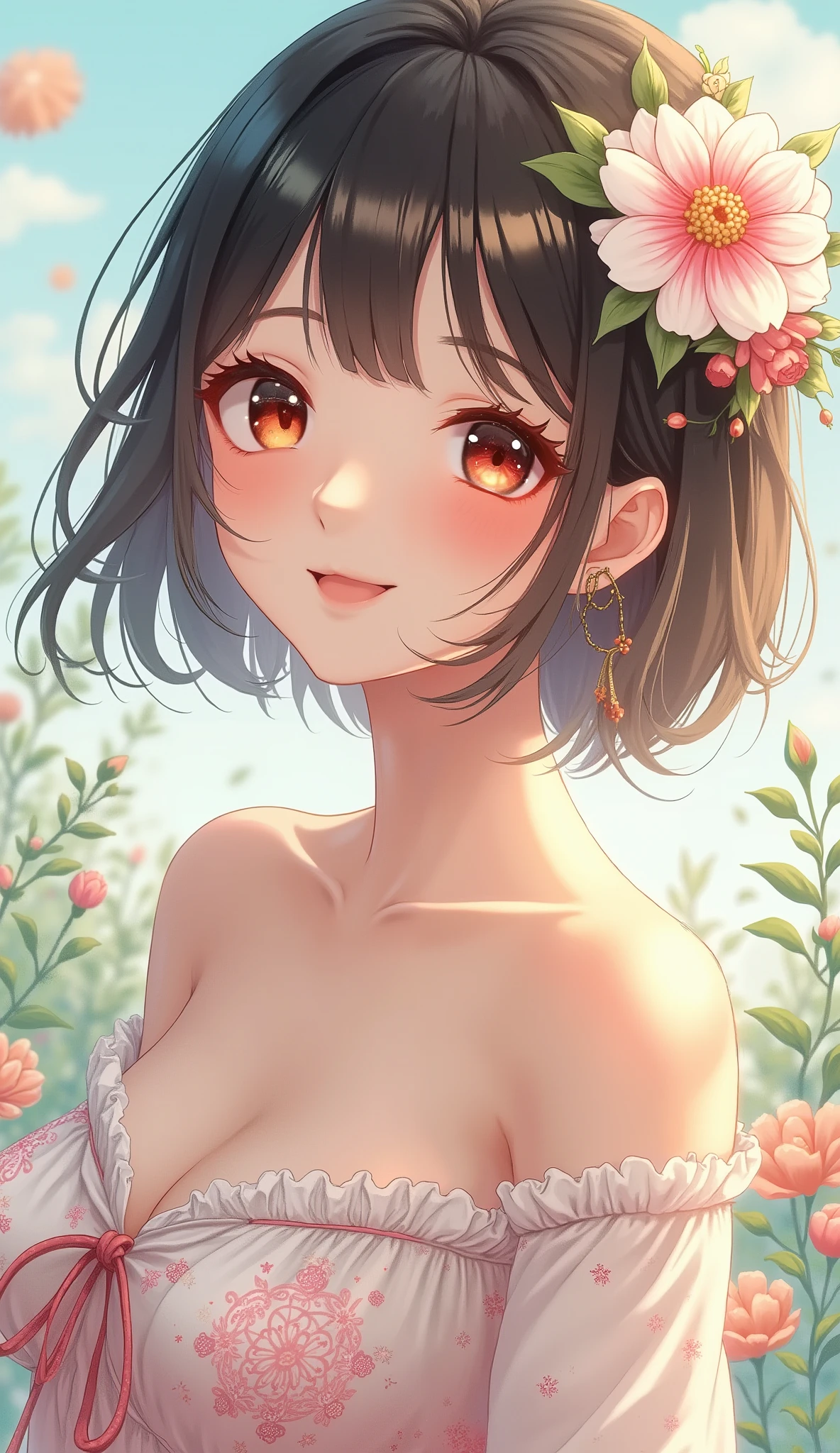 Naked girl with short orange hair and red eyes leaning against a sakura tree covering her mouth exposed breasts, small boobs, embarrassed, midriff, sweaty, naked,