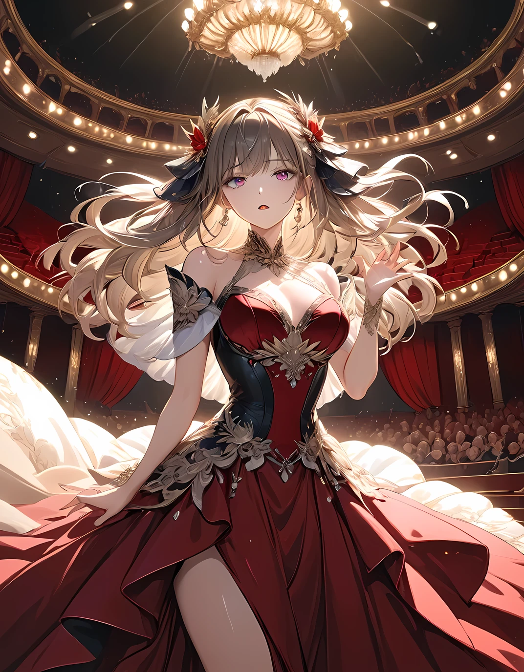 ((best quality)), ((masterpiece)), (detailed), perfect face, detailed eyes, (best quality), (detailed skin:1.3), (intricate details), bust chart, A female opera singer on stage at a grand opera house, wearing an elegant, floor-length gown with intricate detailing. She has a powerful and expressive stance, with one hand raised as she sings. The background features an ornate stage with golden decorations, velvet curtains, and chandeliers hanging from the ceiling. The opera house is filled with rows of red velvet seats and a captivated audience. The lighting is dramatic, casting a soft spotlight on the singer, highlighting her emotion and intensity during her performance