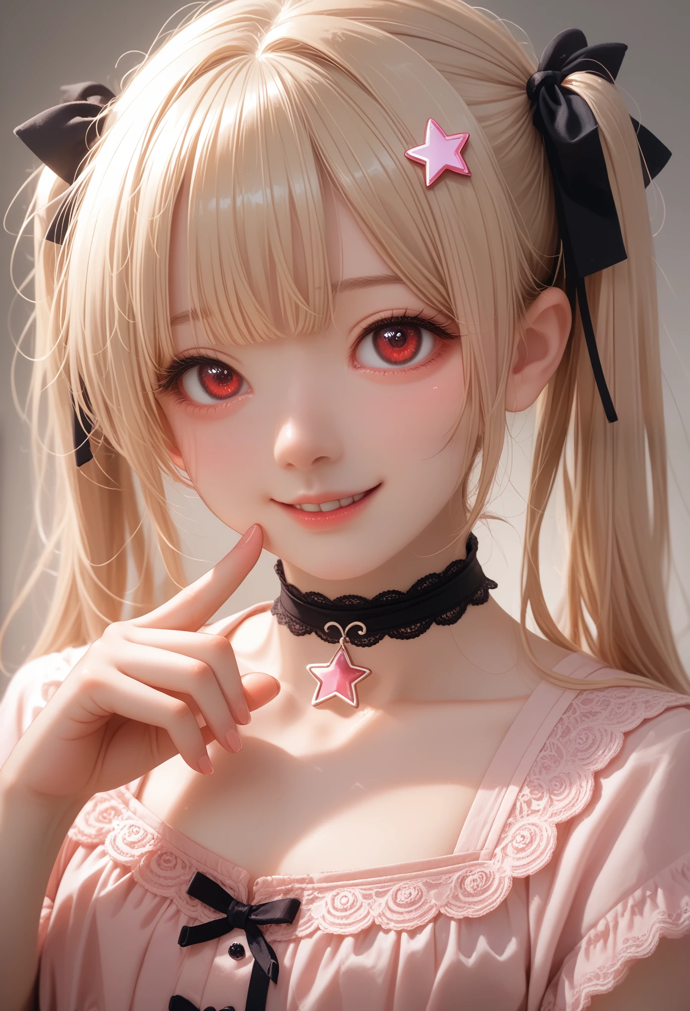 A close-up of a young girl in a **Jirai kei**-inspired outfit, combining dark lace with soft pastel colors,mesugaki, is staring down at the viewer with a look of smug disdain. Her blonde twin tails tied with black ribbons sway slightly as she tilts her head, her red eyes narrowing with a teasing, condescending smile. The **upper body** shot emphasizes her outfit with a dark ribbon choker and star pendant, drawing attention to her poised hands that seem to gesture mockingly. The background is blurred, with pastel lighting creating a soft, yet eerie atmosphere. **Jiraikei, upper body, condescending look, soft pastel background**.