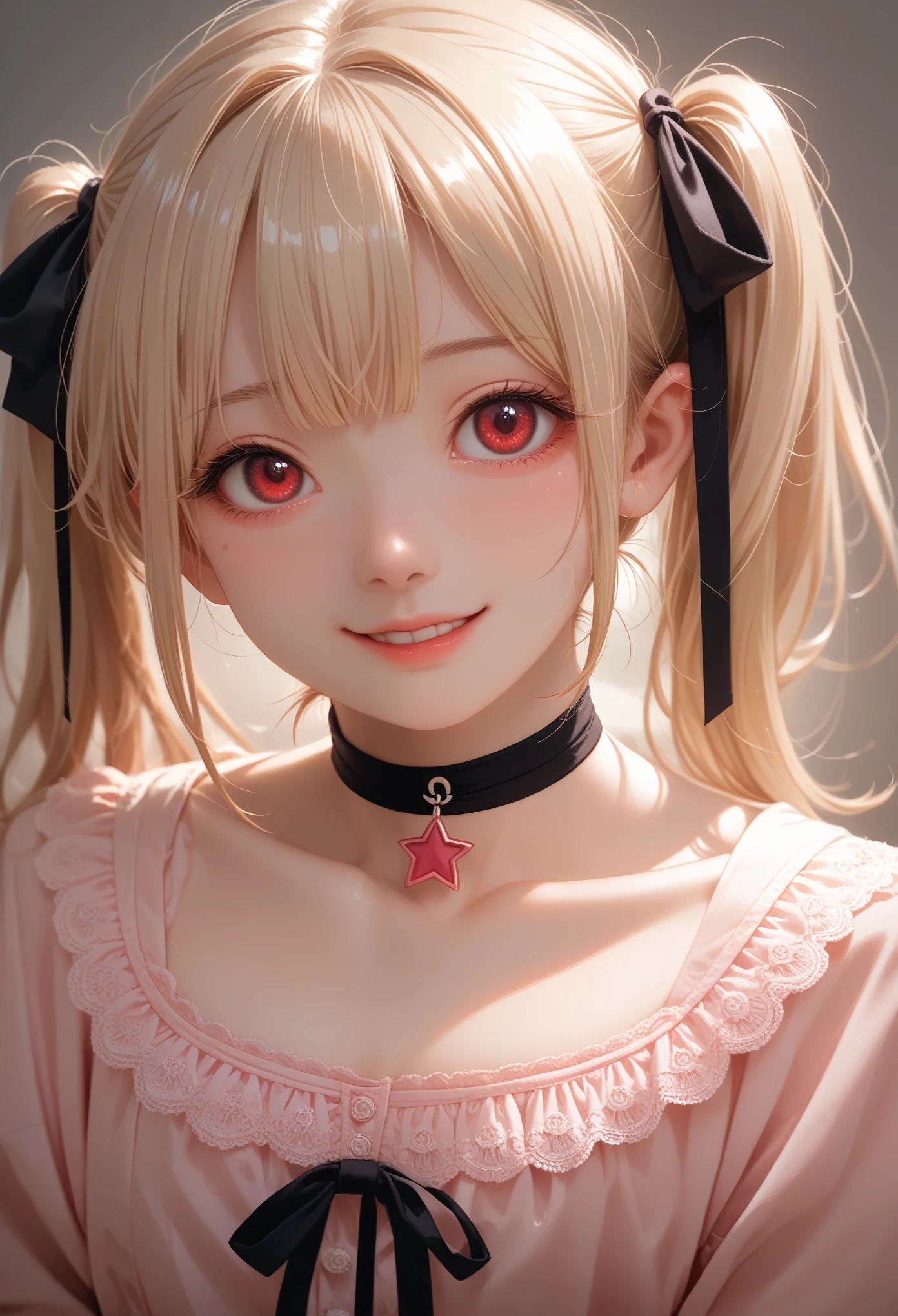 A close-up of a young girl in a **Jirai kei**-inspired outfit, combining dark lace with soft pastel colors,mesugaki, is staring down at the viewer with a look of smug disdain. Her blonde twin tails tied with black ribbons sway slightly as she tilts her head, her red eyes narrowing with a teasing, condescending smile. The **upper body** shot emphasizes her outfit with a dark ribbon choker and star pendant, drawing attention to her poised hands that seem to gesture mockingly. The background is blurred, with pastel lighting creating a soft, yet eerie atmosphere. **Jiraikei, upper body, condescending look, soft pastel background**.