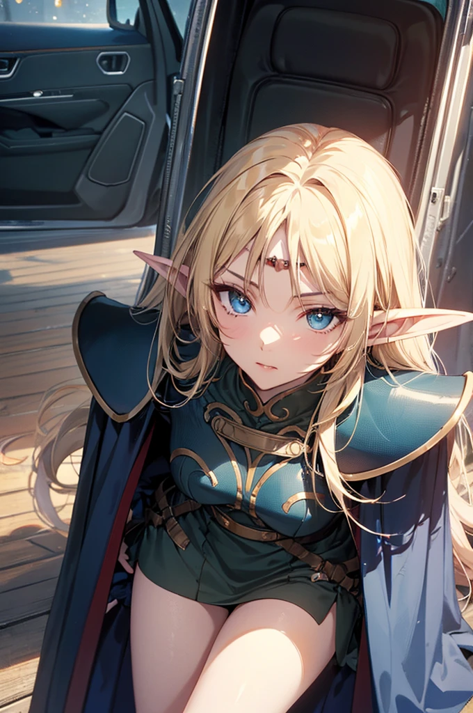  cowboy shot, 1 girl, Deedlit, Alone,  pointed ears, Long Hair, Blonde, Green Dress, armor, gloves, Elf, Blue gloves, Cape, blue Cape, blue eyes,  circlet, very Long Hair, Shoulder rest, shoulder armor, Open lips, Thighs, are staring at viewers,  White background ,masterpiece,Noise Reduction, Perfect Anatomy, High Resolution , Ultra-detailed, Ultra-detailed face,Game CG, Dutch angle ,  beautifully detailed eyes kept in the car ,Visual Arts,Five fingers, Perfect hands,  perfect lighting, Sparkling Eyes,