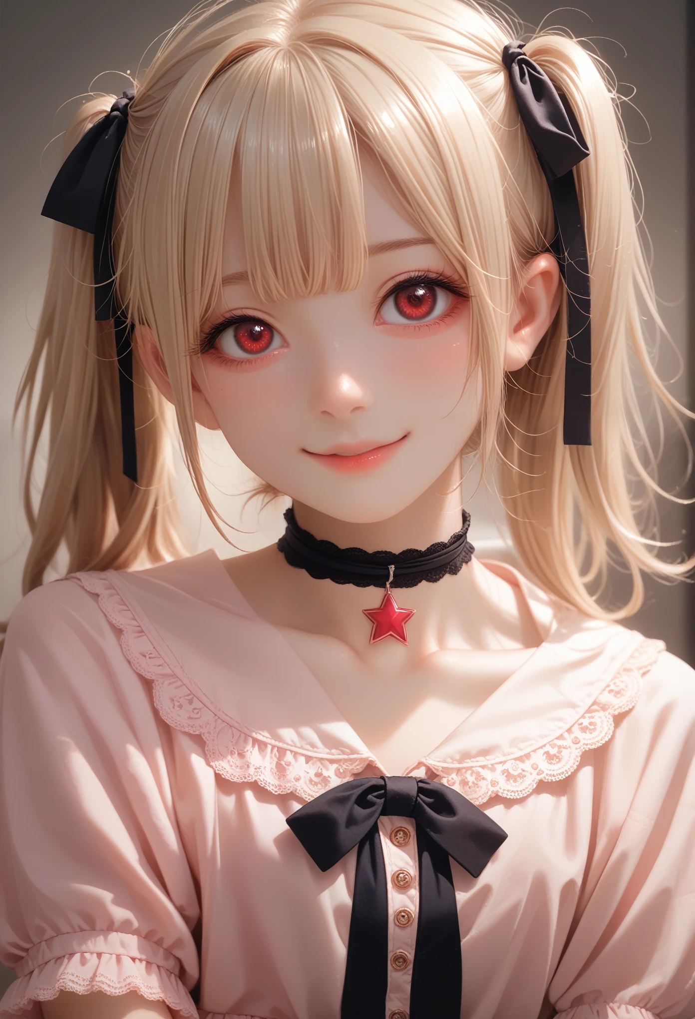 A close-up of a young girl in a **Jirai kei**-inspired outfit, combining dark lace with soft pastel colors,mesugaki, is staring down at the viewer with a look of smug disdain. Her blonde twin tails tied with black ribbons sway slightly as she tilts her head, her red eyes narrowing with a teasing, condescending smile. The **upper body** shot emphasizes her outfit with a dark ribbon choker and star pendant, drawing attention to her poised hands that seem to gesture mockingly. The background is blurred, with pastel lighting creating a soft, yet eerie atmosphere. **Jiraikei, upper body, condescending look, soft pastel background**.