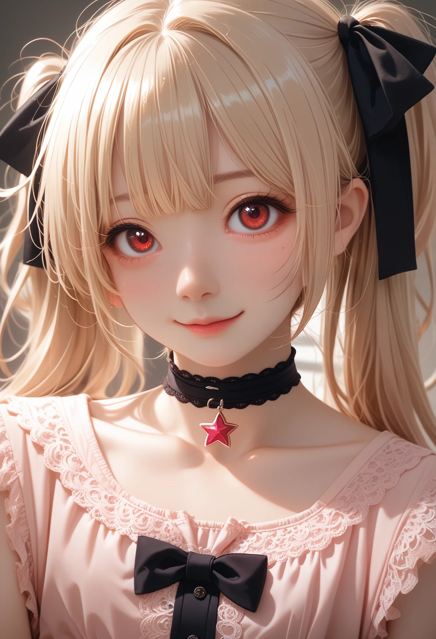 A close-up of a young girl in a **Jirai kei**-inspired outfit, combining dark lace with soft pastel colors,mesugaki, is staring down at the viewer with a look of smug disdain. Her blonde twin tails tied with black ribbons sway slightly as she tilts her head, her red eyes narrowing with a teasing, condescending smile. The **upper body** shot emphasizes her outfit with a dark ribbon choker and star pendant, drawing attention to her poised hands that seem to gesture mockingly. The background is blurred, with pastel lighting creating a soft, yet eerie atmosphere. **Jiraikei, upper body, condescending look, soft pastel background**.