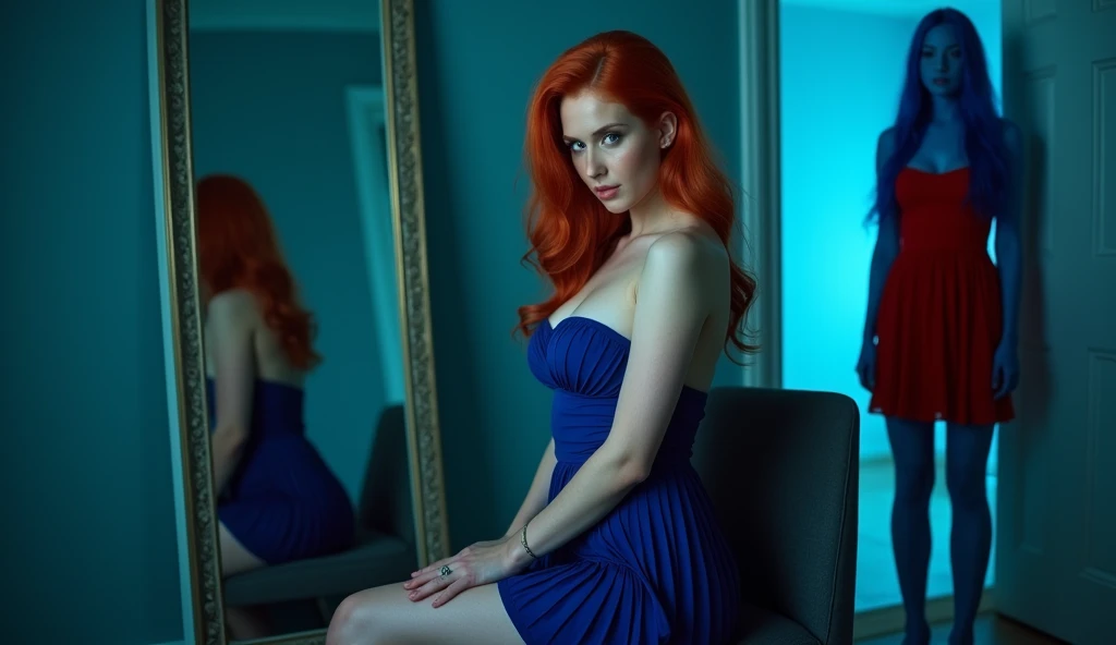 Model, Female, Age 25, Alone, In Photo Shoot, Redhead, Red Hair, Wavy Cut, Blue Eyes, Realistic, Satin SLIP Open Dress, High Slit Dress, Stilettos, Sitting Relaxed on Sofa, Legs Crossed, Posing for The Camera, Beautiful, Confident. Full Side Body View.