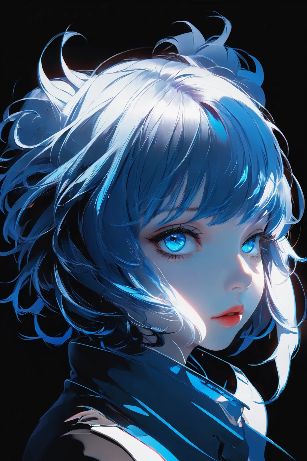 anime girl with blue hair and blue eyes in a black background, a character portrait by Ilya Kuvshinov, trending on pixiv, shin hanga, sayori, kuvshinov ilya, ilya kuvshinov face, girl with blue hair, illya kuvshinov, blue aura, kuvshinov, with blue skin