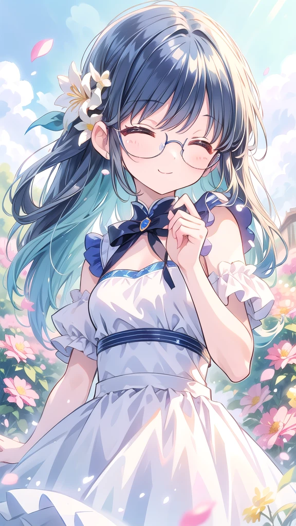 High precision, High details,, uhd, MASTER PIECE, long, blue hair, dropping eyes, glasses, happy smile, Closed eyes, blue sky, surrounded by many flowers, petals are dancing, beautiful cute girl, round eyes