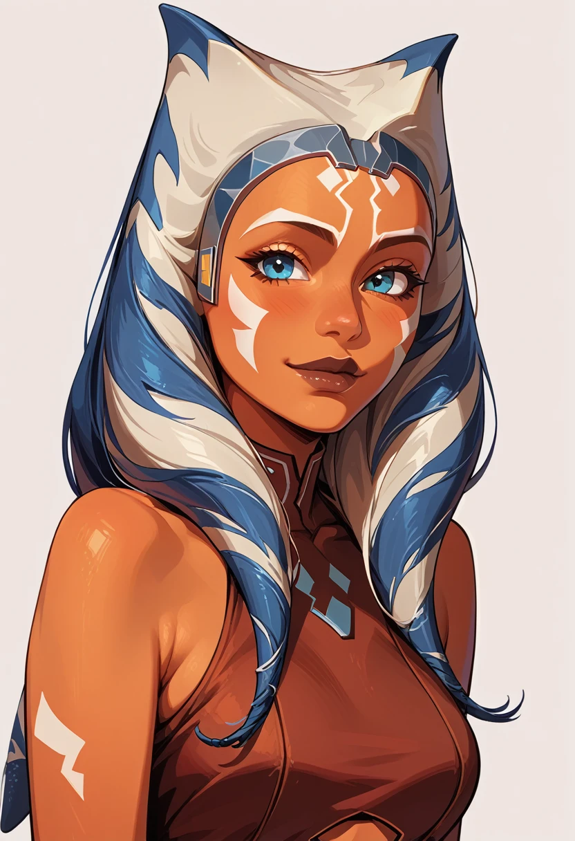 score_9, score_8_up, score_7_up, score_6_up, source_anime D-art, 1girl, solo, Ahsoka, togruta, orange skin, white and blue montral horn, white facial markings, jedi, medium montral, (cute smirk:0.7), cowboy shot.