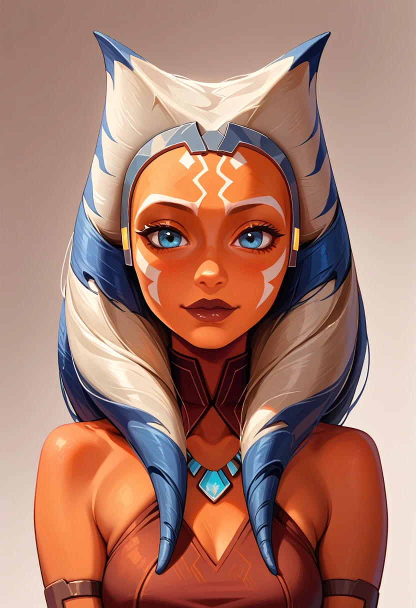 score_9, score_8_up, score_7_up, score_6_up, source_anime D-art, 1girl, solo, Ahsoka, togruta, orange skin, white and blue montral horn, white facial markings, jedi, medium montral, (cute smirk:0.7), cowboy shot.