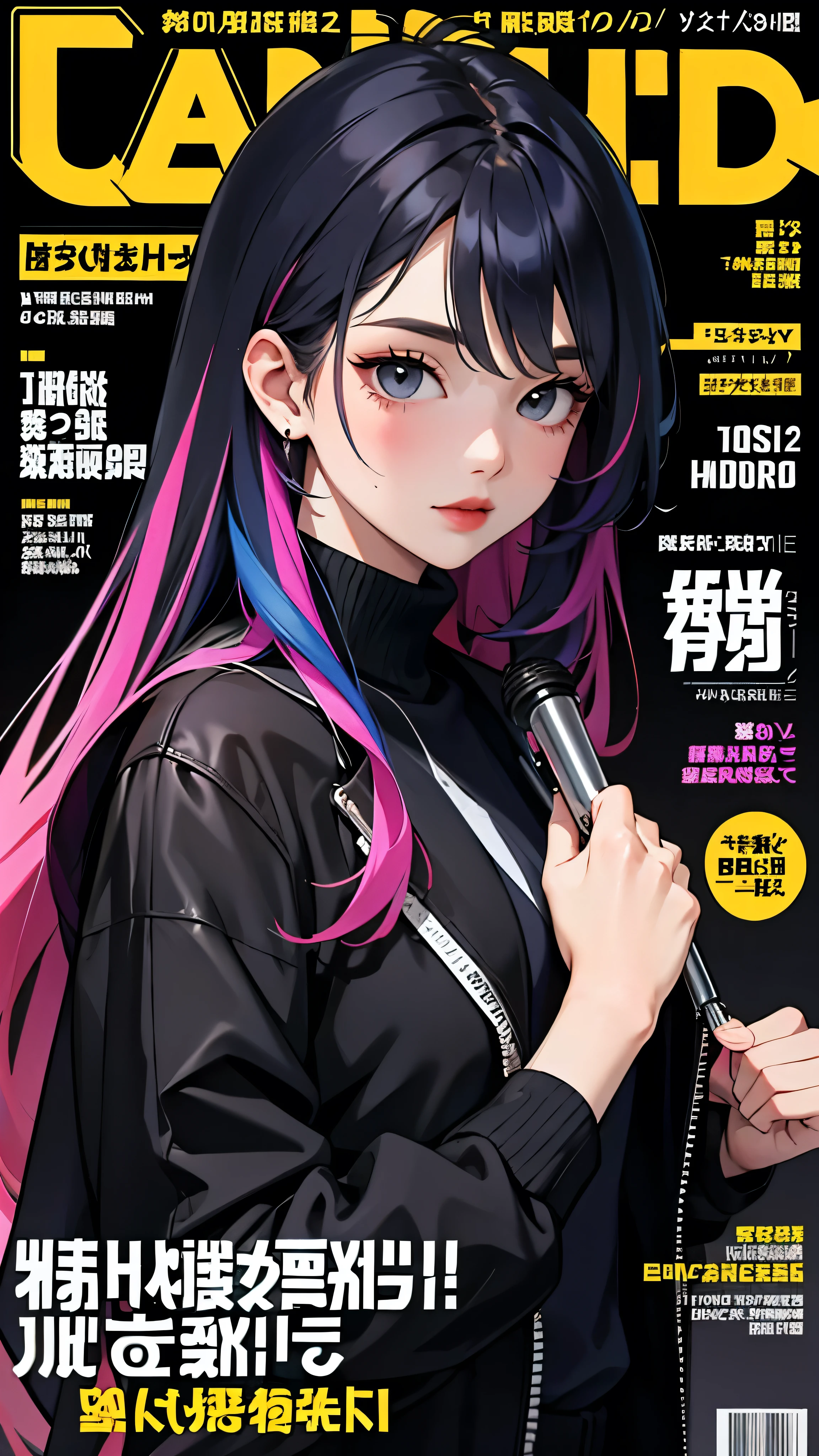 masterpiece, best quality, wearing a black jacket , Colorful hair, External, magazine cover ,Upper body,