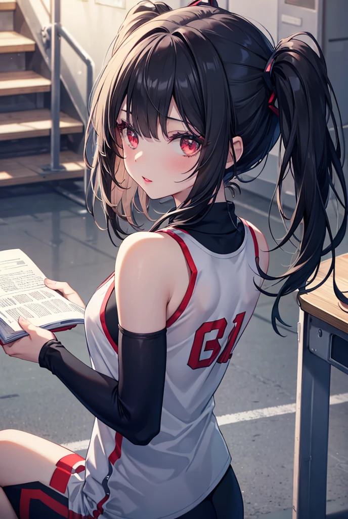 whole body, absurdres, RAW photo, extremely delicate and beautiful, masterpiece, Best Quality, ultra high resolution, 32k, hyperrealistic, ultra-detailed, detailed description, pale skin, 20 years old, detailed beautiful face and eyes, big tits, medium hair, black hair, tearful mole, earring, Basketball shirt, tank top, Hot Pants,